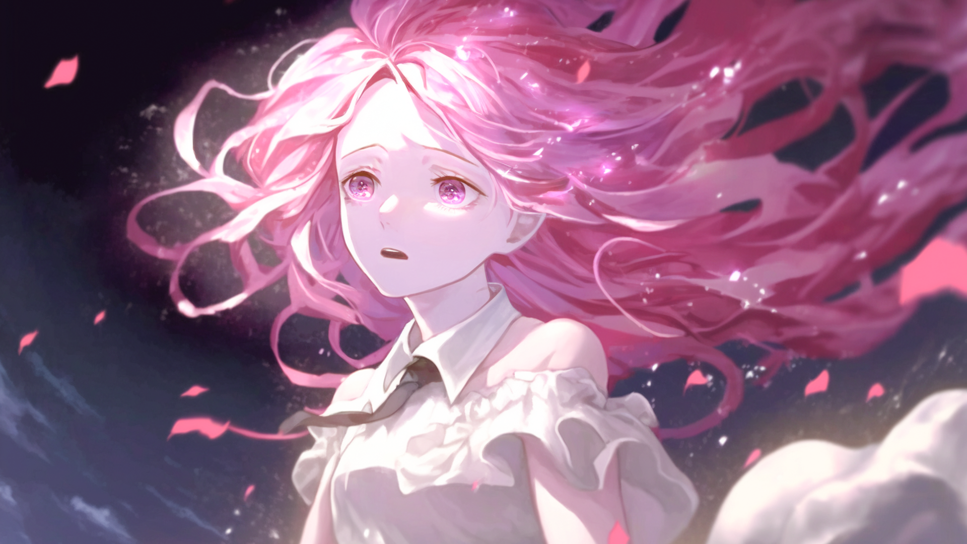 Concept art, top half, pink haired 18 year old girl in white dress with stunned expression, pink wilderness image overlays, pink petals floating, backlit, wind blowing, dark background, vignette