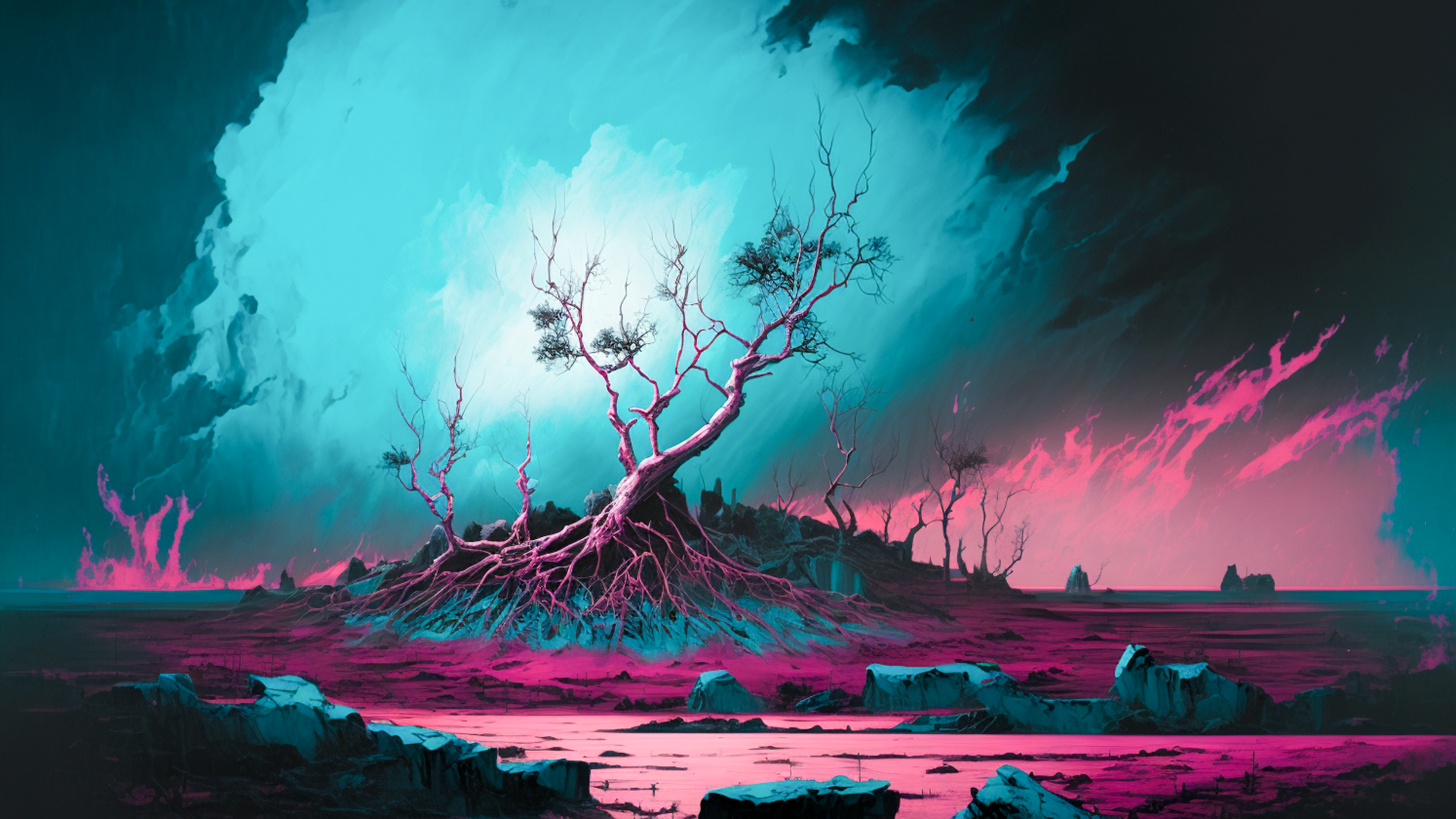 Establishing Shot, Dead pink earth with a few dead trees, Dark cyan sky, nature, devastation, abstract painting, oil painting, vignette, dark background