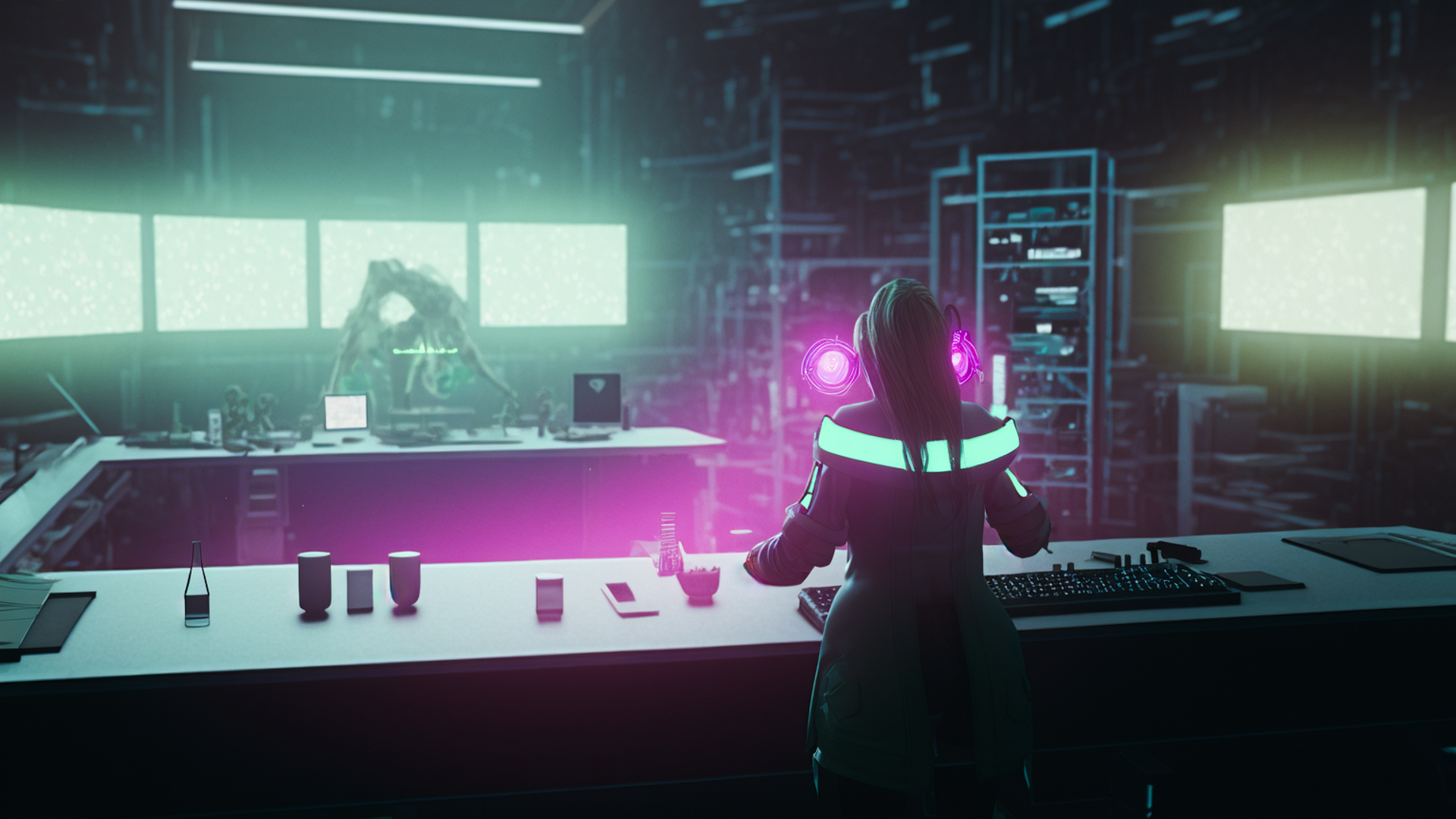 Full-length shot, Back view of dark green haired researcher woman looking at pink light on desk in dark lab who holds her hand up to the light on her desk, Dark, lab, laboratory, backlit, solitary