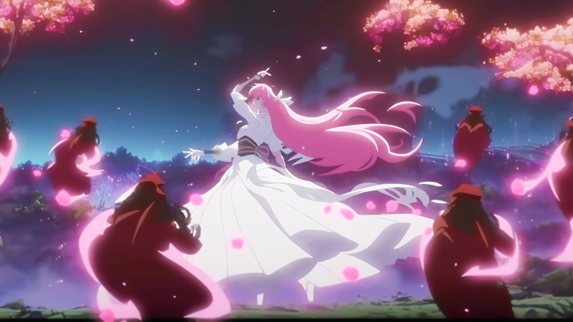 Movie battle scene, taken by telephoto lens, long shot, 18 year old girl with long pink hair wearing a white dress that magically turns multiple men into plants with light. Pink leaves dancing, dark sky, cyan sky, pink clouds, backlighting, cinematic lighting, oblique sun, glowing outline