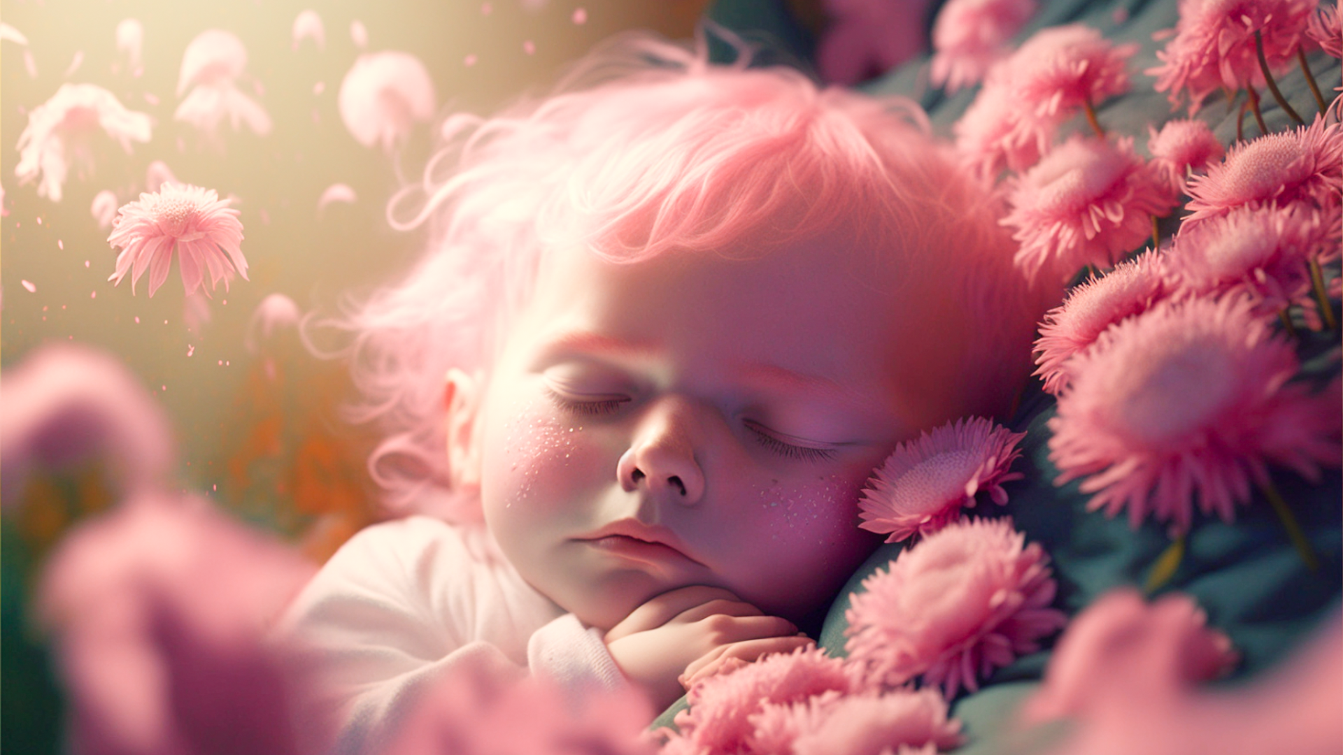 Film scene, taken by 50mm lens, pink-haired baby sleeping lying on pink flowers spread all over the lab, indoors, warm light, miracle, hope, mystical