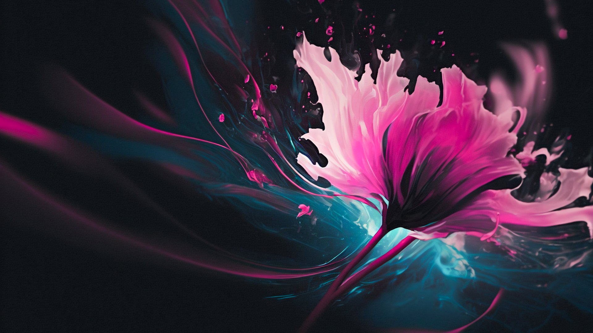 Abstract image, long shot of a flower with pink petals scattered, Abstract painting, oil painting, vignette, dark background
