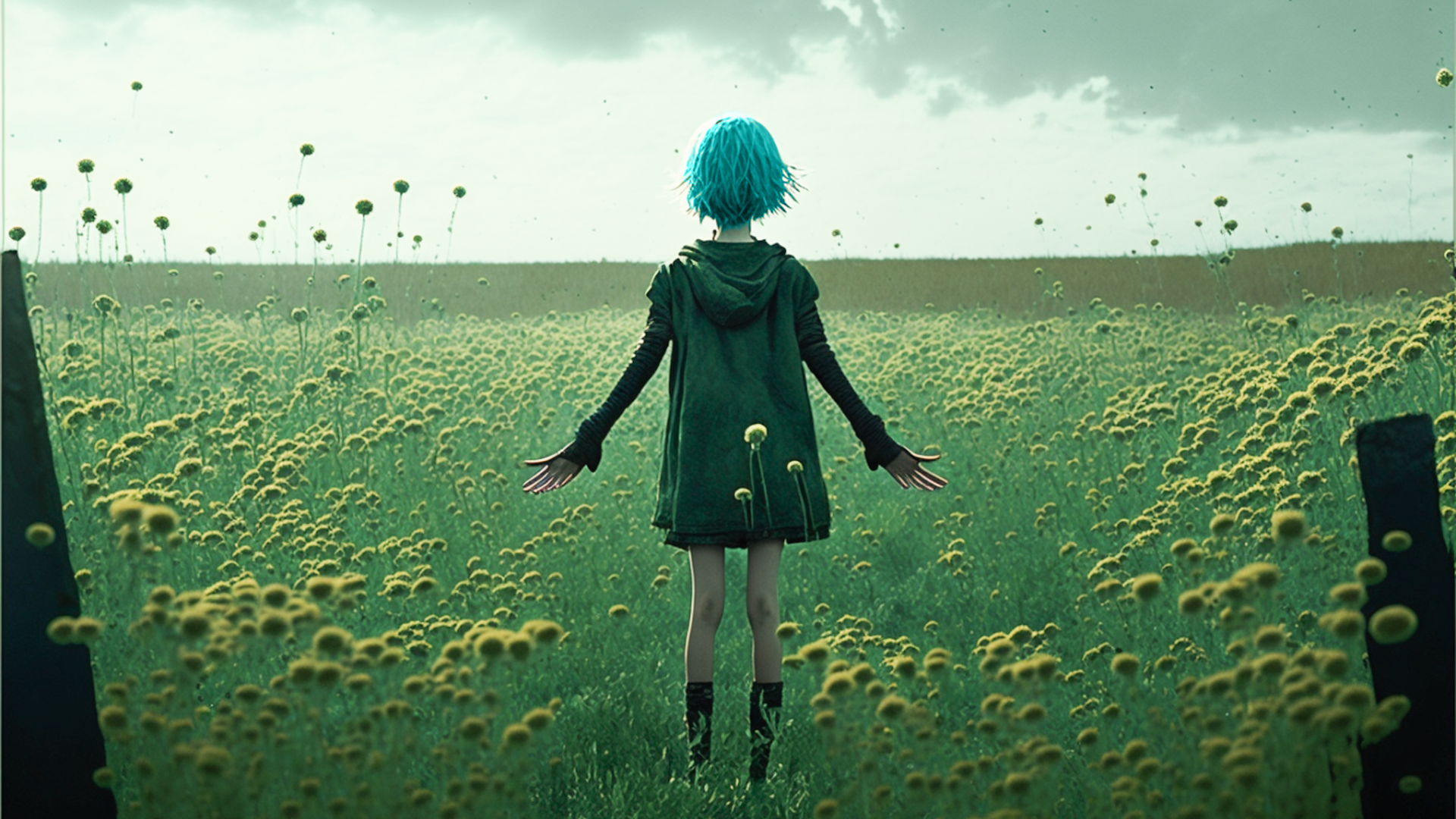 Film scene, full body image of one girl, POV, green haired girl standing in front of a small field of flowers with her hands out in front of her body, frightened, refusing, vacant lot, meadow, trees, outdoors, anxiety, worry, tension, dynamic angles, cinematic lighting