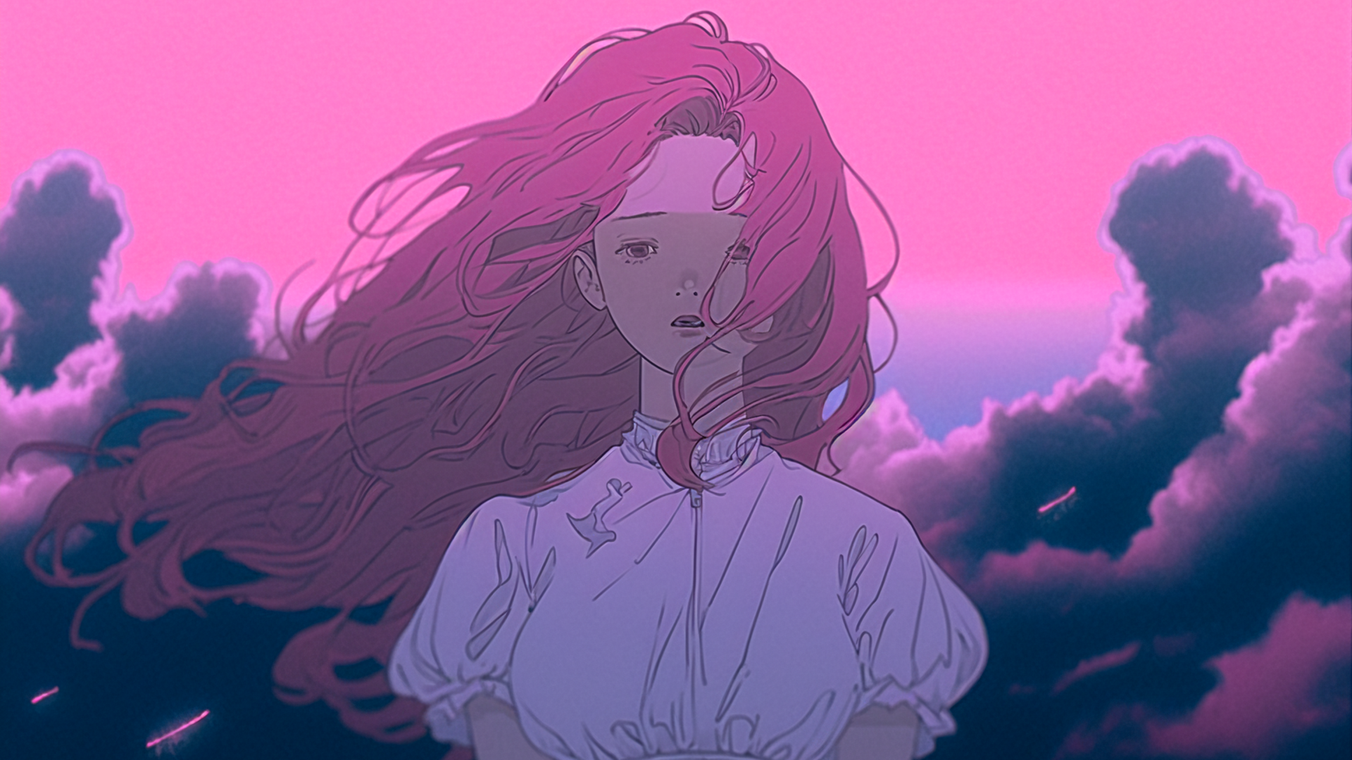 Film scene, one woman, upper body, taken by Leica Summilux 90mm, pink long haired 18 year old girl in white dress with tears, hands stacked in front of chest, quiet wind, cinematic lighting, glowing outline, dark sky, cyan sky, pink clouds, loneliness, sadness