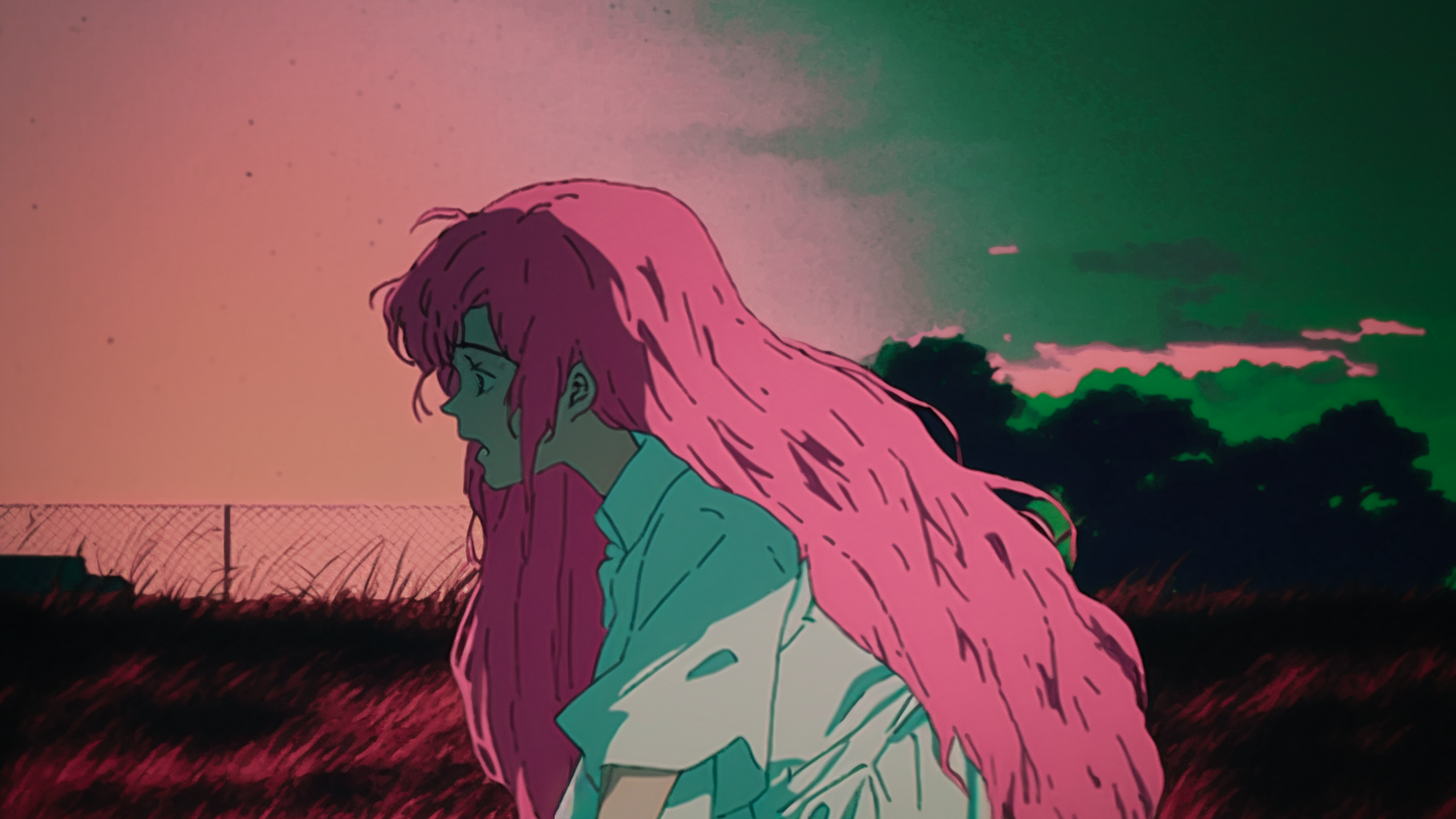 Film scene, one woman, upper body, taken by telephoto lens, 18 year old woman with long pink hair in white dress curling her back and crying quietly, spilled tears glowing green, vacant lot, pink wilderness, only one small plant, dark sky, cyan sky, pink clouds, vignette, large tears, shaded sun , cinematic lighting, glowing contours, loss, sadness, loneliness