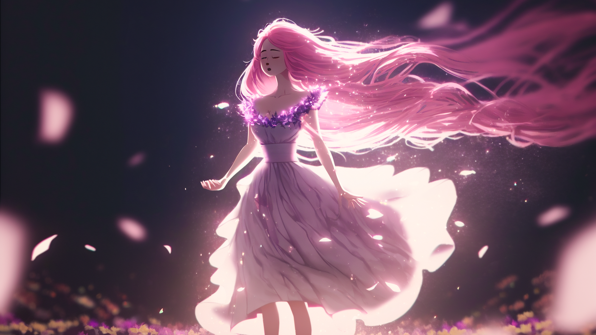 Concept art, top half, pink haired 18 year old girl in white dress with stunned expression, pink wilderness image overlays, pink petals floating, backlit, wind blowing, dark background, vignette