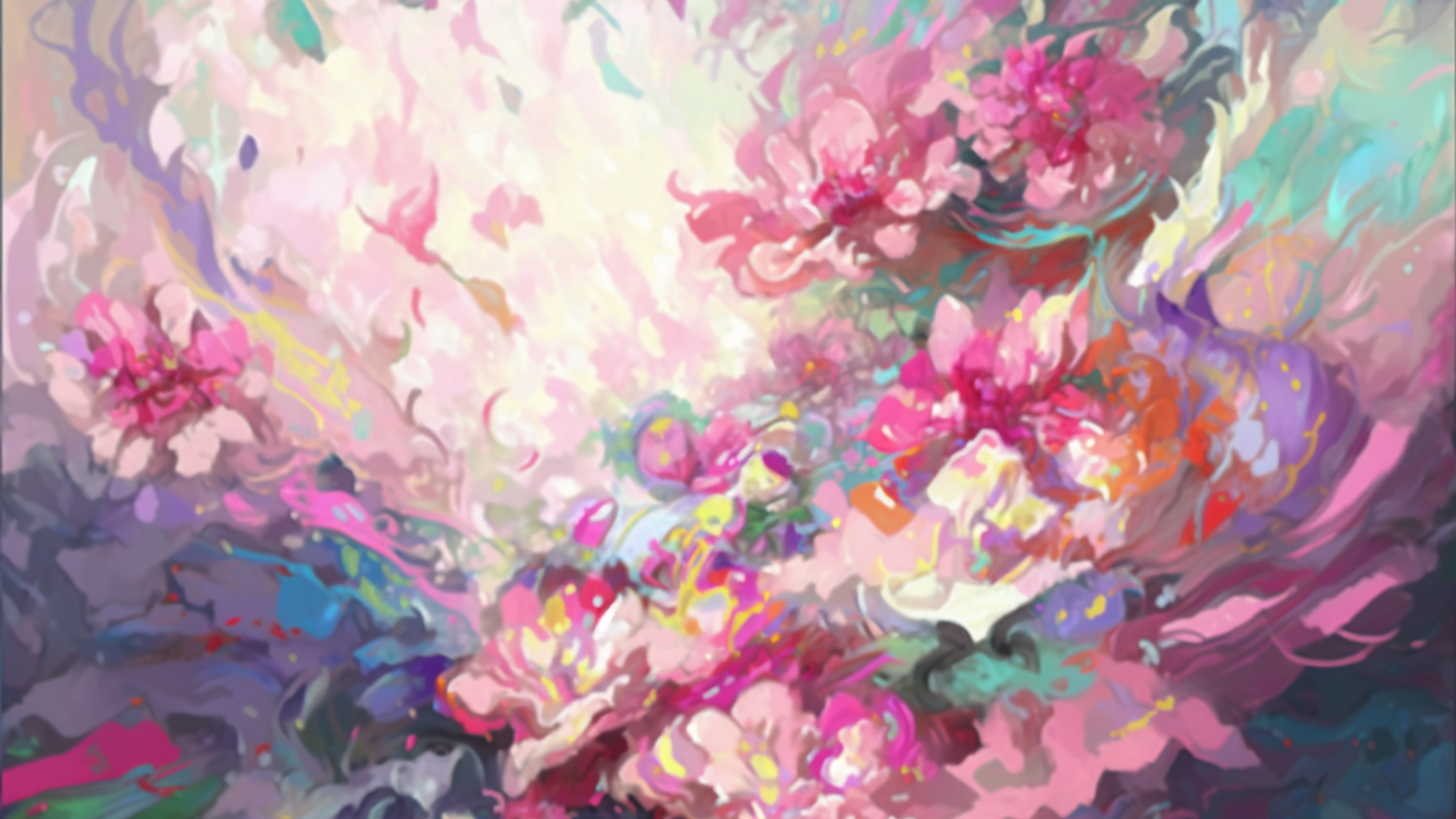 Abstract image, An explosion of pink flowers and other colorful blossoms, Abstract painting, oil painting