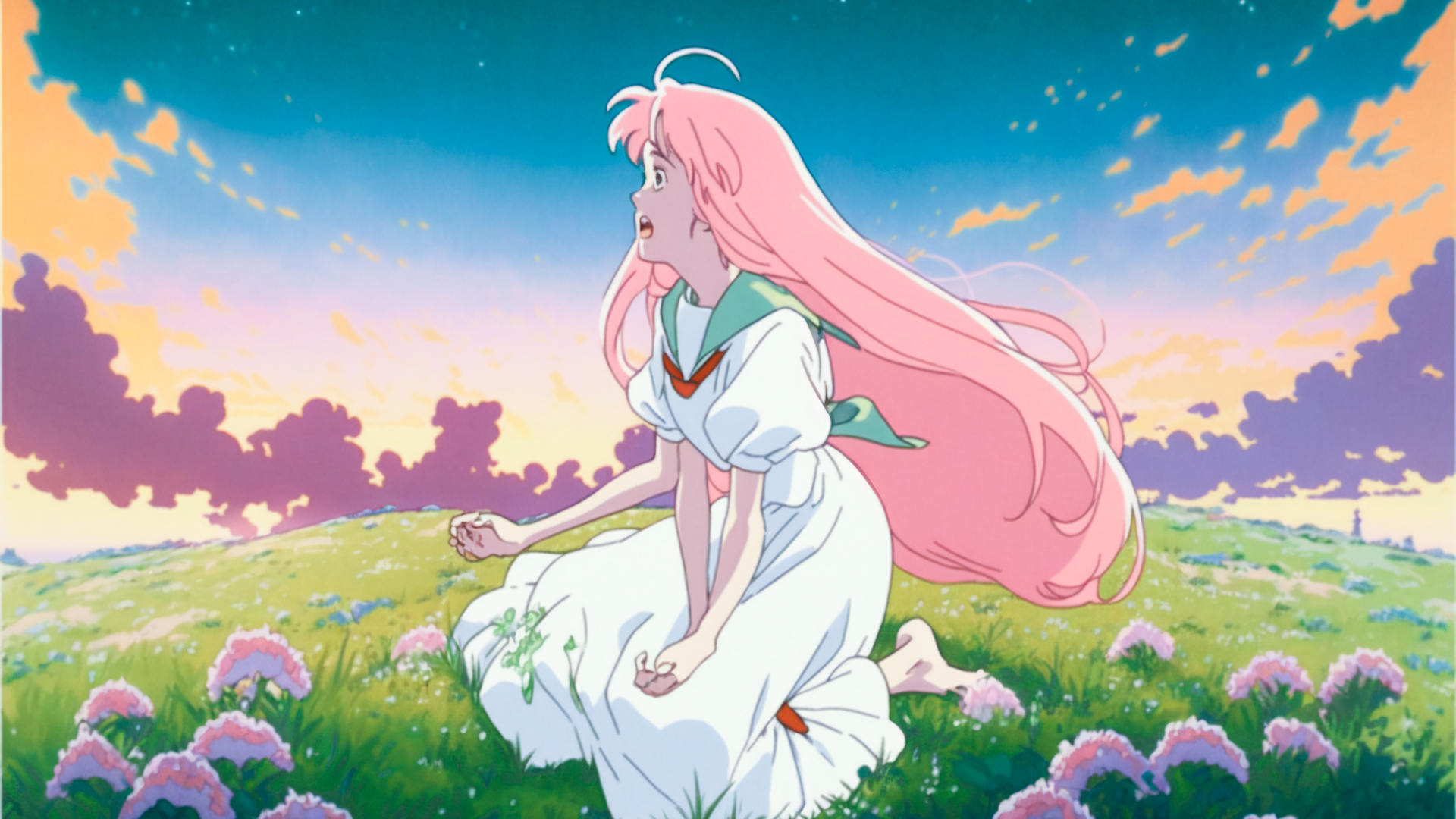 Film scene, one woman, full body, taken by Leica Summilux 21mm, close-up, 18 year old girl with long pink hair in white dress kneeling on ground and shedding tears, green plants growing and spreading rapidly, sunrise, backlight, glowing outline, cyan sky, pink clouds, looking up, view from ground, dancing green leaves, dancing water drops, miracle, growth