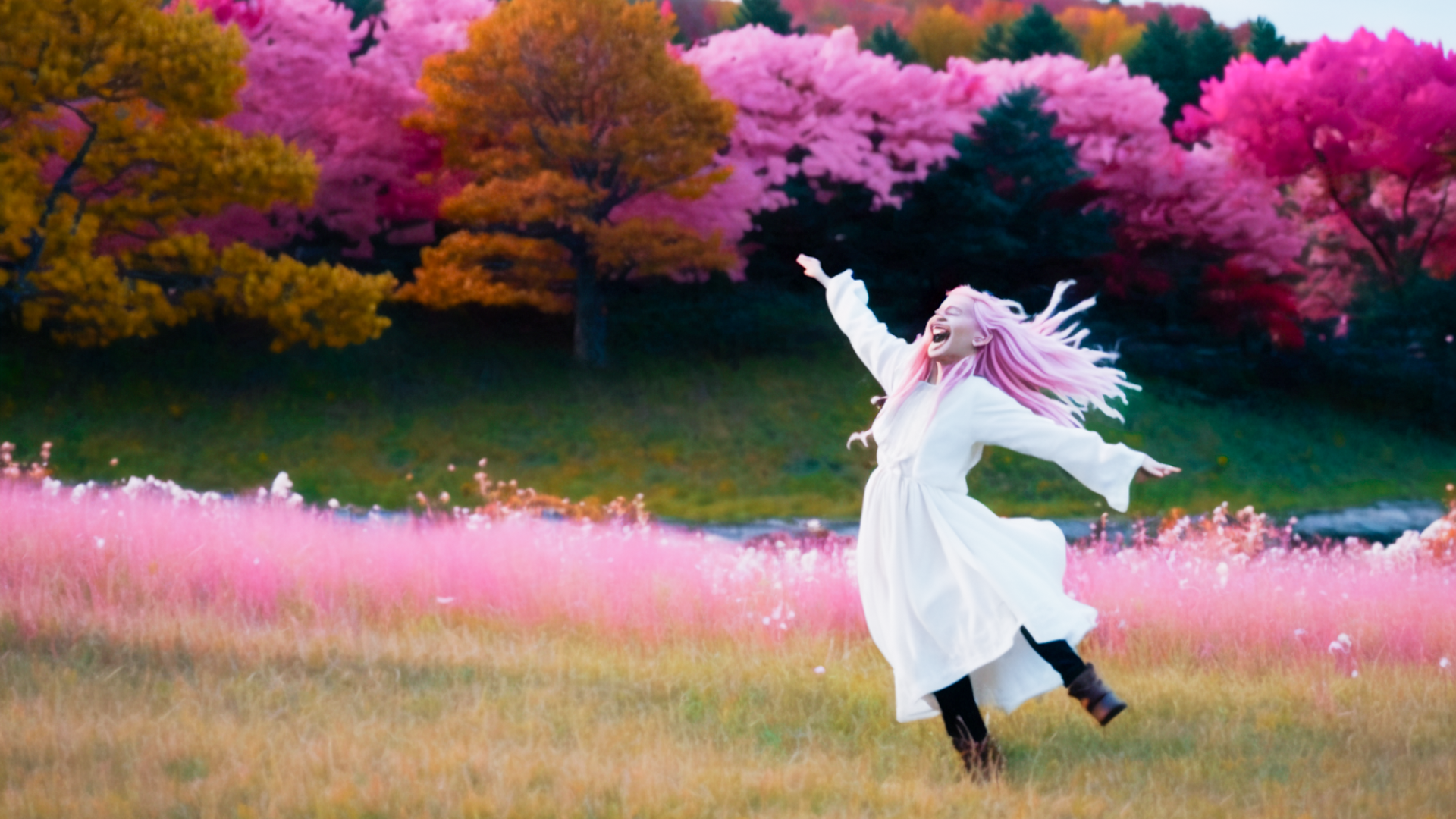 Film scene, taken by Leica Summilux-M 24mm lens, 18 year old girl with long pink hair in white dress who smiles and opens her arms in joy, dark green bob-cut researcher woman in white coat chasing from afar, landscape turned pink, pink leaf trees, pink leaves dancing, vacant lot, pink grassland, blue sky, outdoors, bright sky