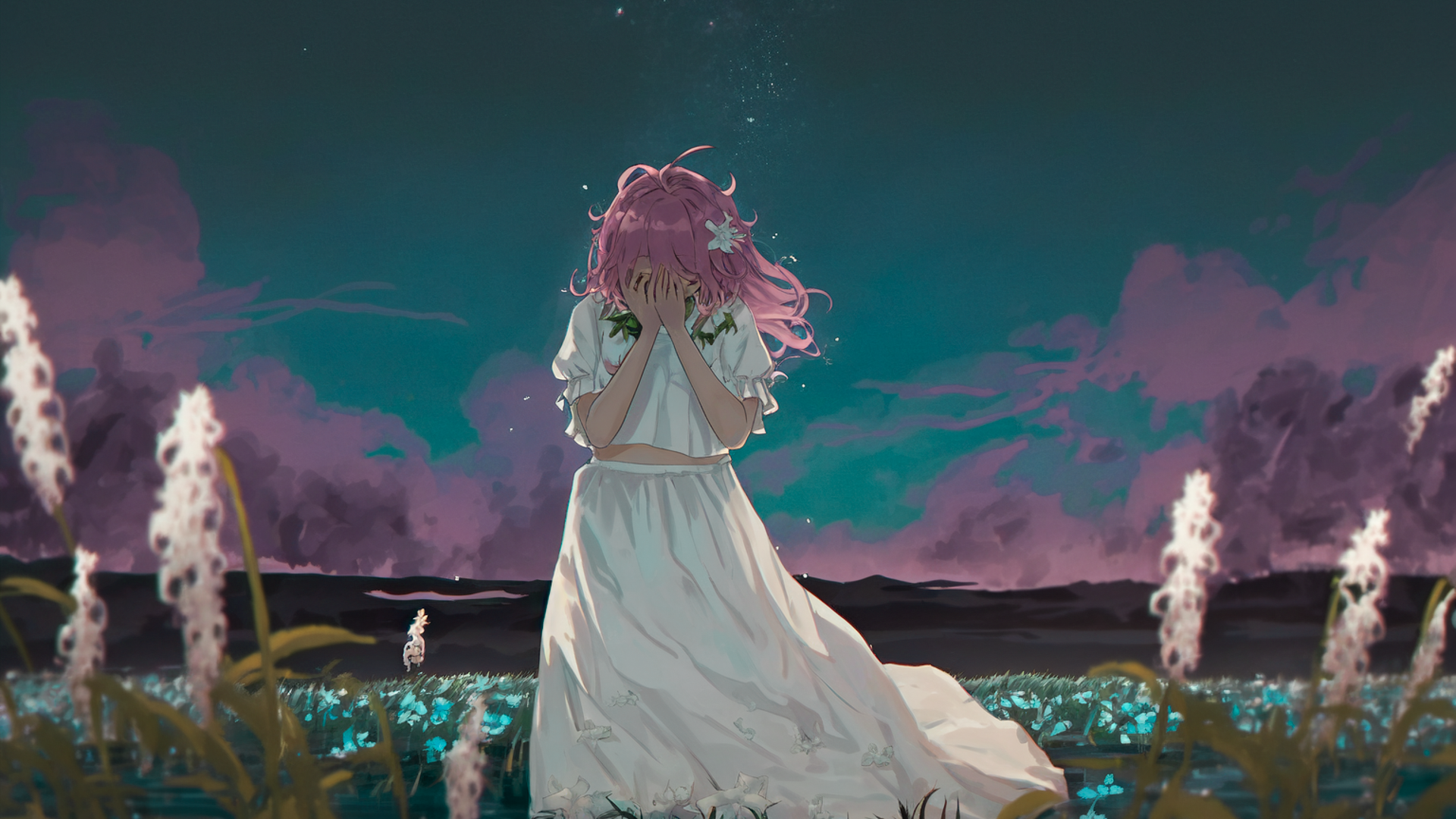 Film scene, one woman, full body, taken by wide angle lens, 18 year old girl with pink hair in white dress crying covering her face, dripping tears glowing, small green flowers on ground, covering face, looking up angle, wind blowing quietly, cinematic lighting, glowing outline, dark sky, cyan sky, pink clouds, solitude, sadness