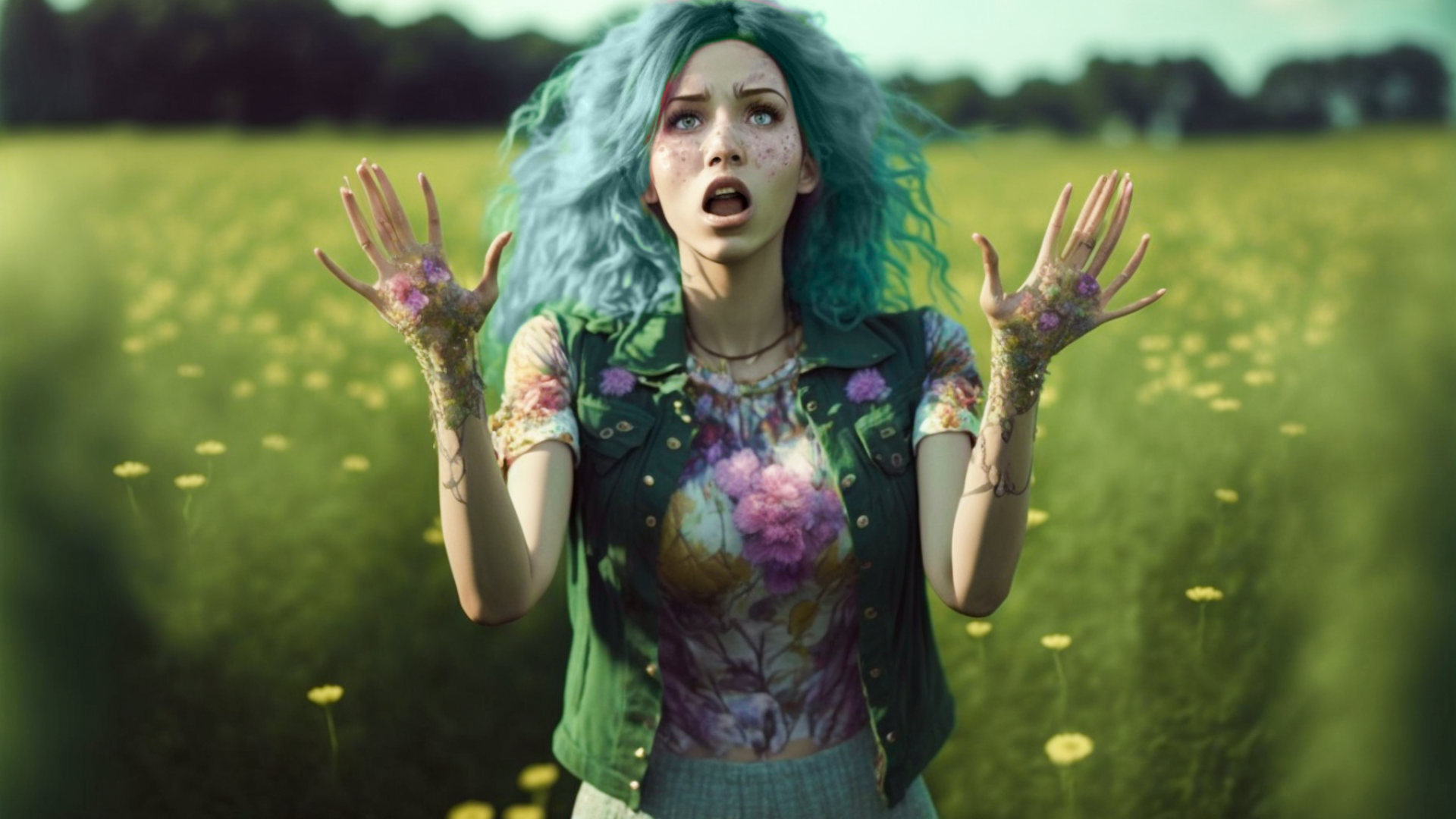 Film scene, full body image of one girl, POV, green haired girl standing in front of a small field of flowers with her hands out in front of her body, frightened, refusing, vacant lot, meadow, trees, outdoors, anxiety, worry, tension, dynamic angles, cinematic lighting