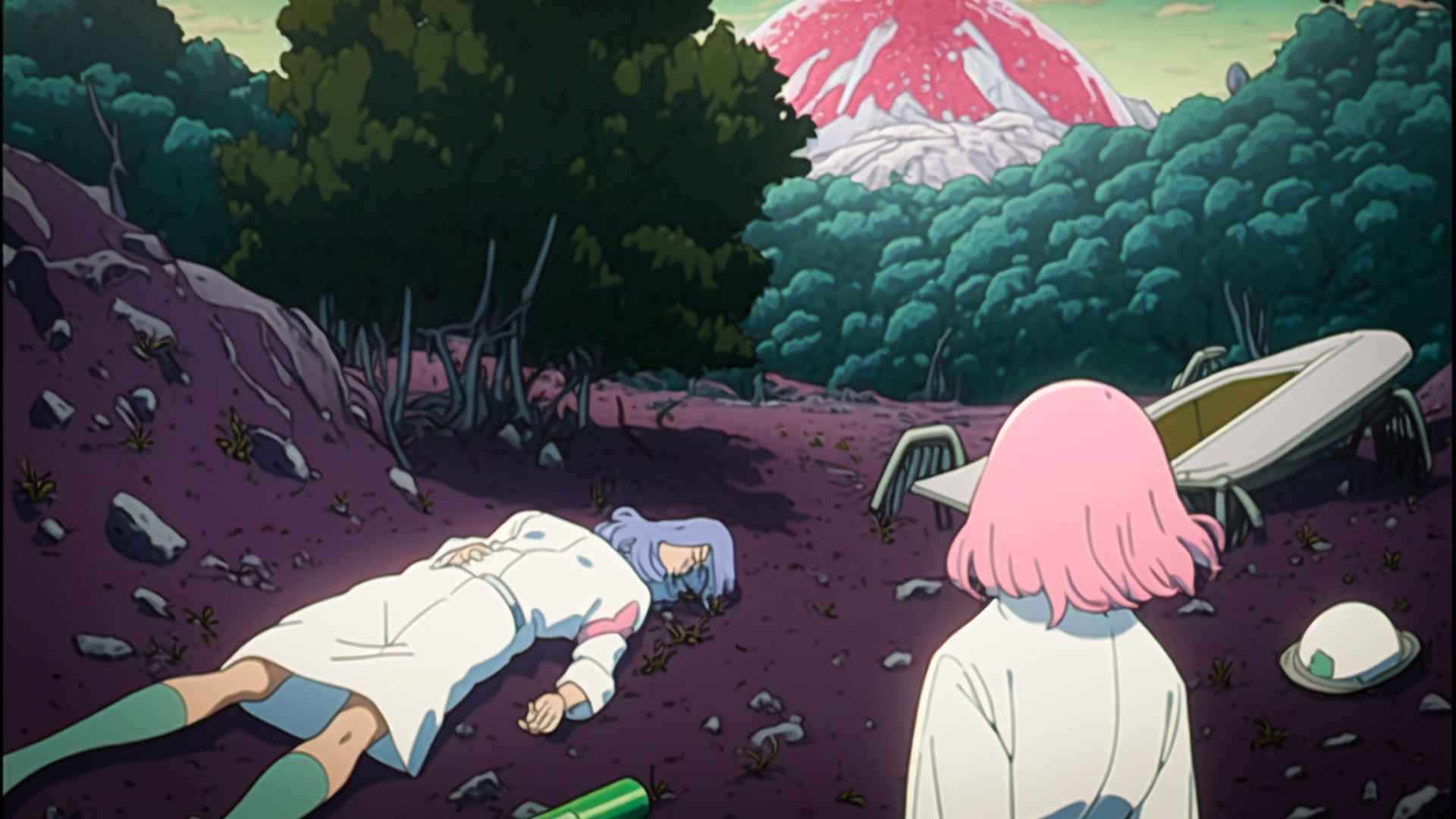 Film scene, two figures, taken by wide angle shot, overhead, female researcher in white lab coat with dark green bob cut lying face down on the ground, 18 year old girl with pink hair in white dress standing stunned, vacant lot, standing human shaped trees, pink leaves, cyan sky, pink clouds, sadness, slanted sun, outdoors