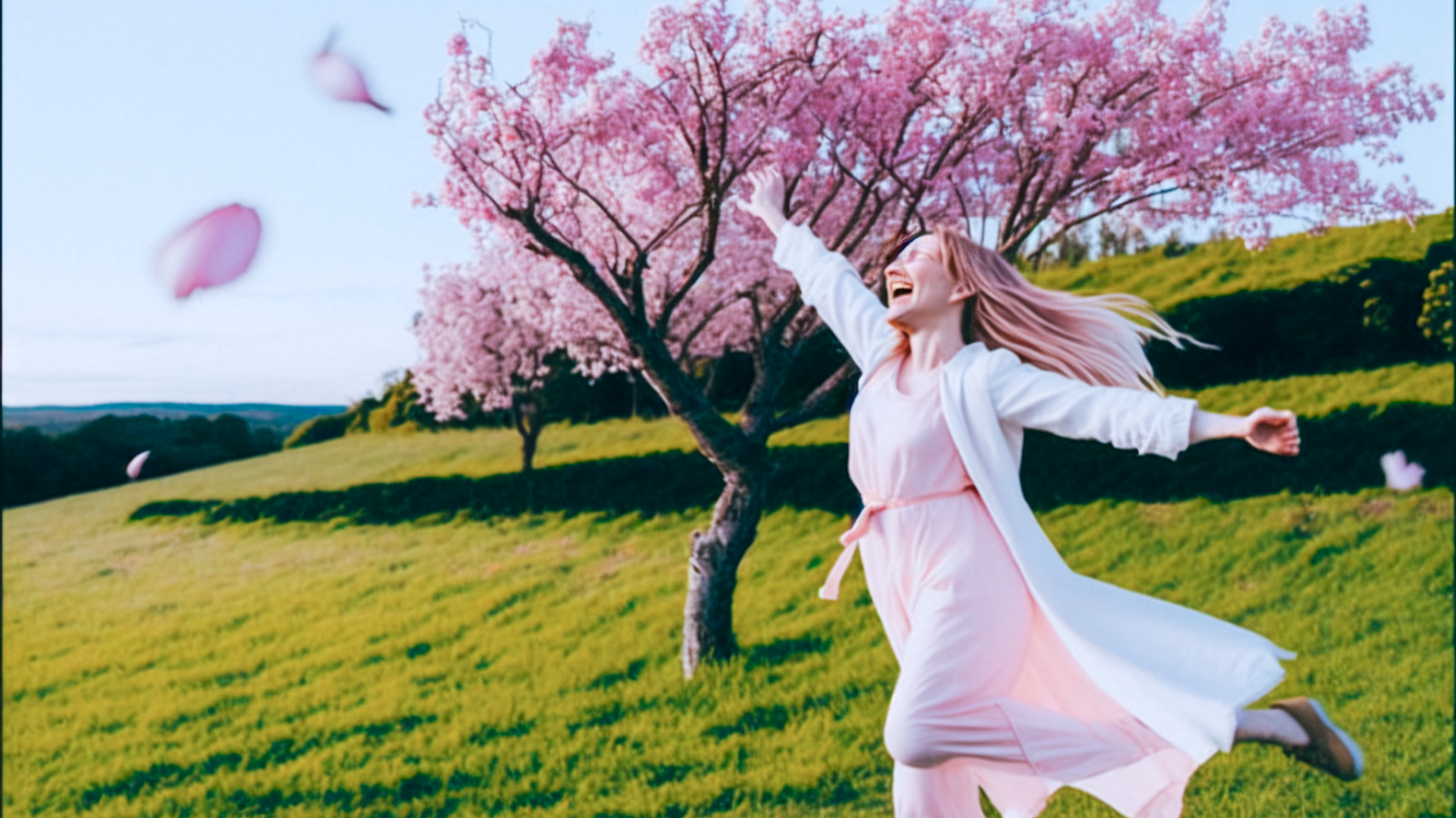Film scene, taken by Leica Summilux-M 24mm lens, 18 year old girl with long pink hair in white dress who smiles and opens her arms in joy, dark green bob-cut researcher woman in white coat chasing from afar, landscape turned pink, pink leaf trees, pink leaves dancing, vacant lot, pink grassland, blue sky, outdoors, bright sky