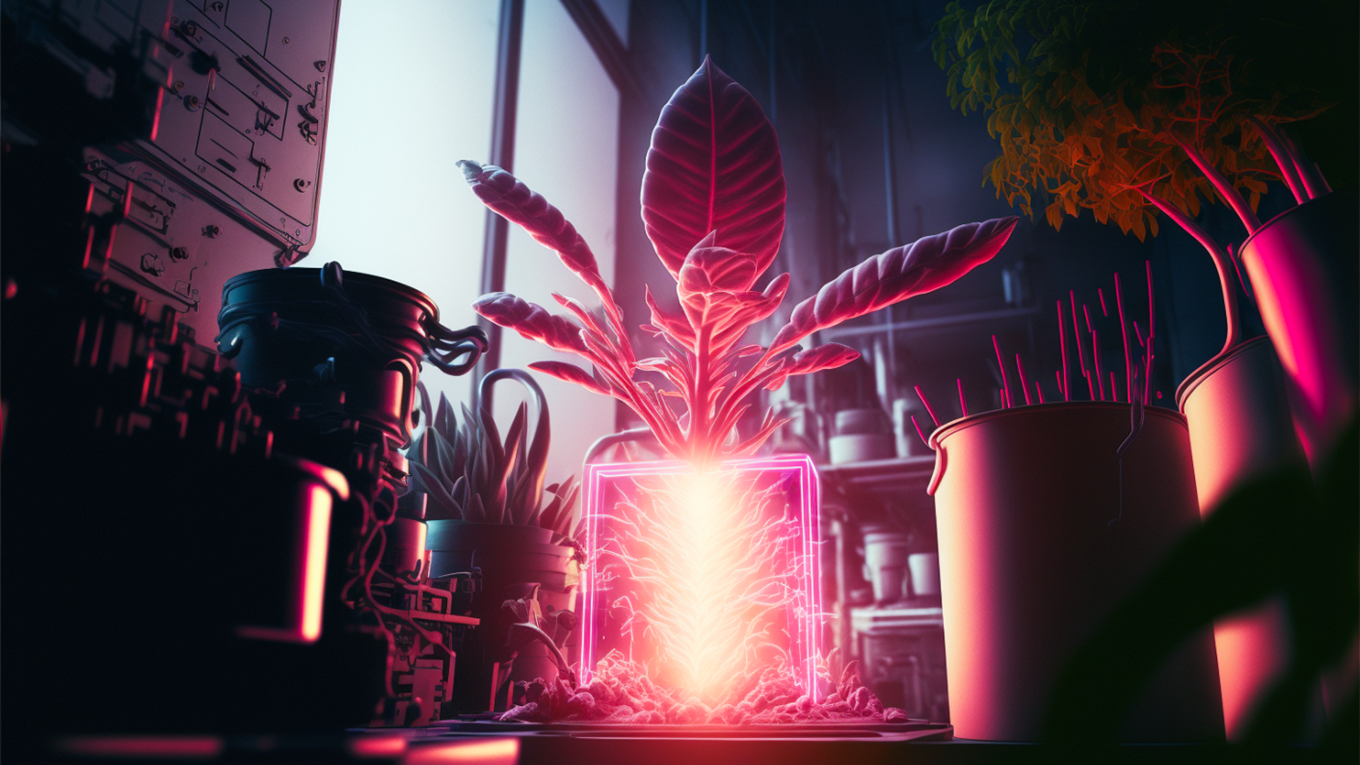 Film scene, taken by wide angle shot, close up, pink plant exploding through lab equipment, dynamic angle, luminous plant, glowing outline, basement, laboratory, surprise, miracle