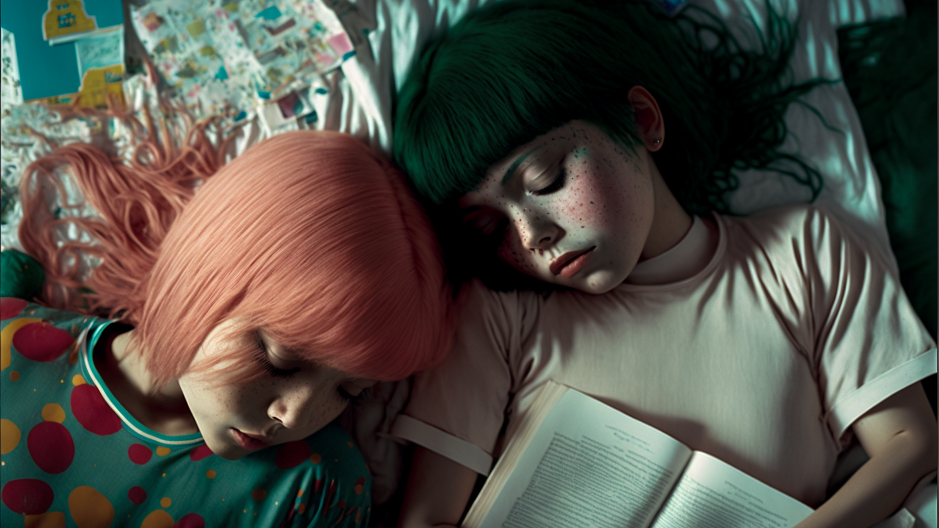 Film scene, two figures, overhead view, taken by 35mm lens, sleeping close together on a bed cluttered with many books, 10 year old girl with long pink hair, female researcher with dark green bob cut, dark room, warm room light, bed, white sheets, books, friendship, quiet, security