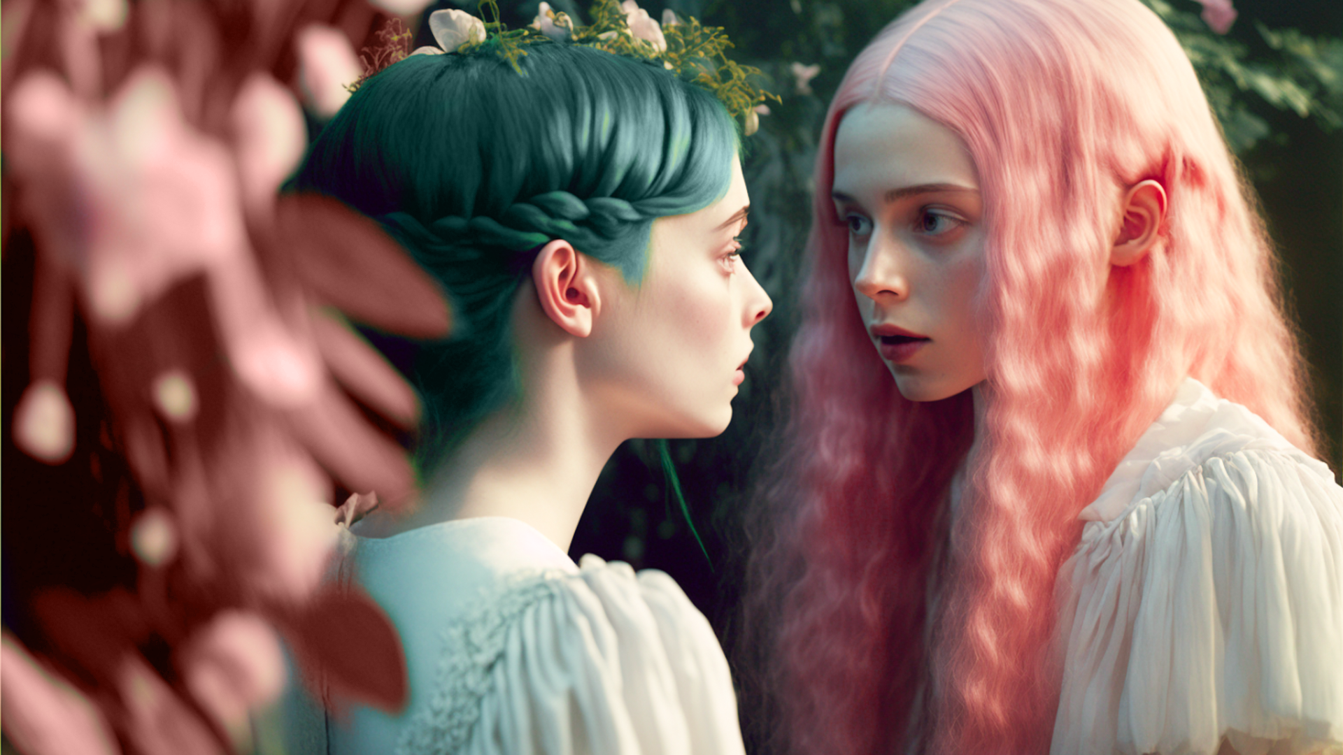 Film scene, two people, looking at each other, side shot, profile, long shot, 18 year old girl with long pink hair in white dress smiling, 10 year old girl with green hair looking frightened, pink plants wrapped around her body, pink ivy, pink leaves, pink trees, pink clouds, cyan sky, vignette, cinematic lighting, anxiety, tension