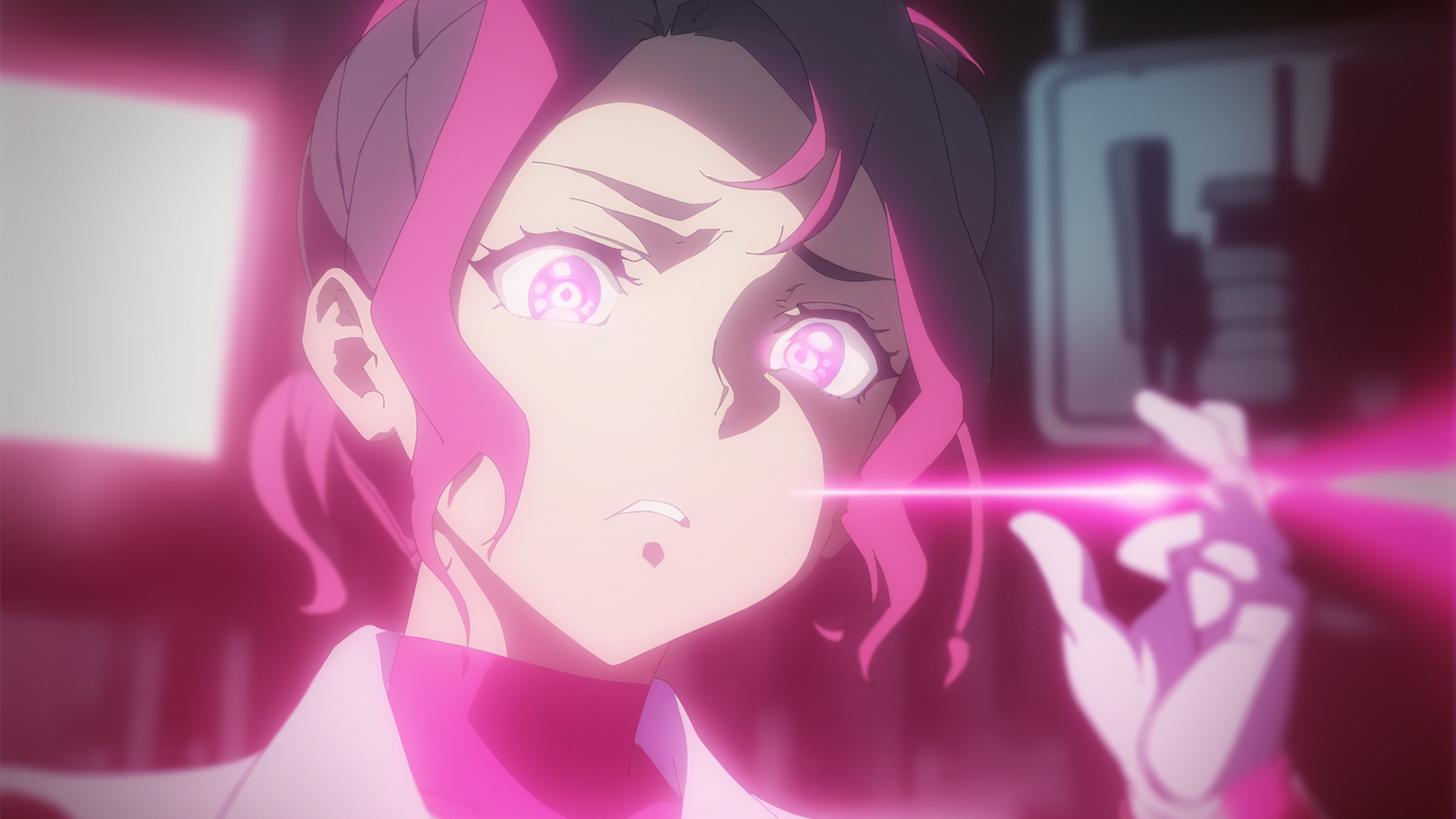 Bust up shot, portrait, female researcher with dark green hair stunned staring at pink light, light from below, dark background, pink glowing outline, mysterious, laboratory