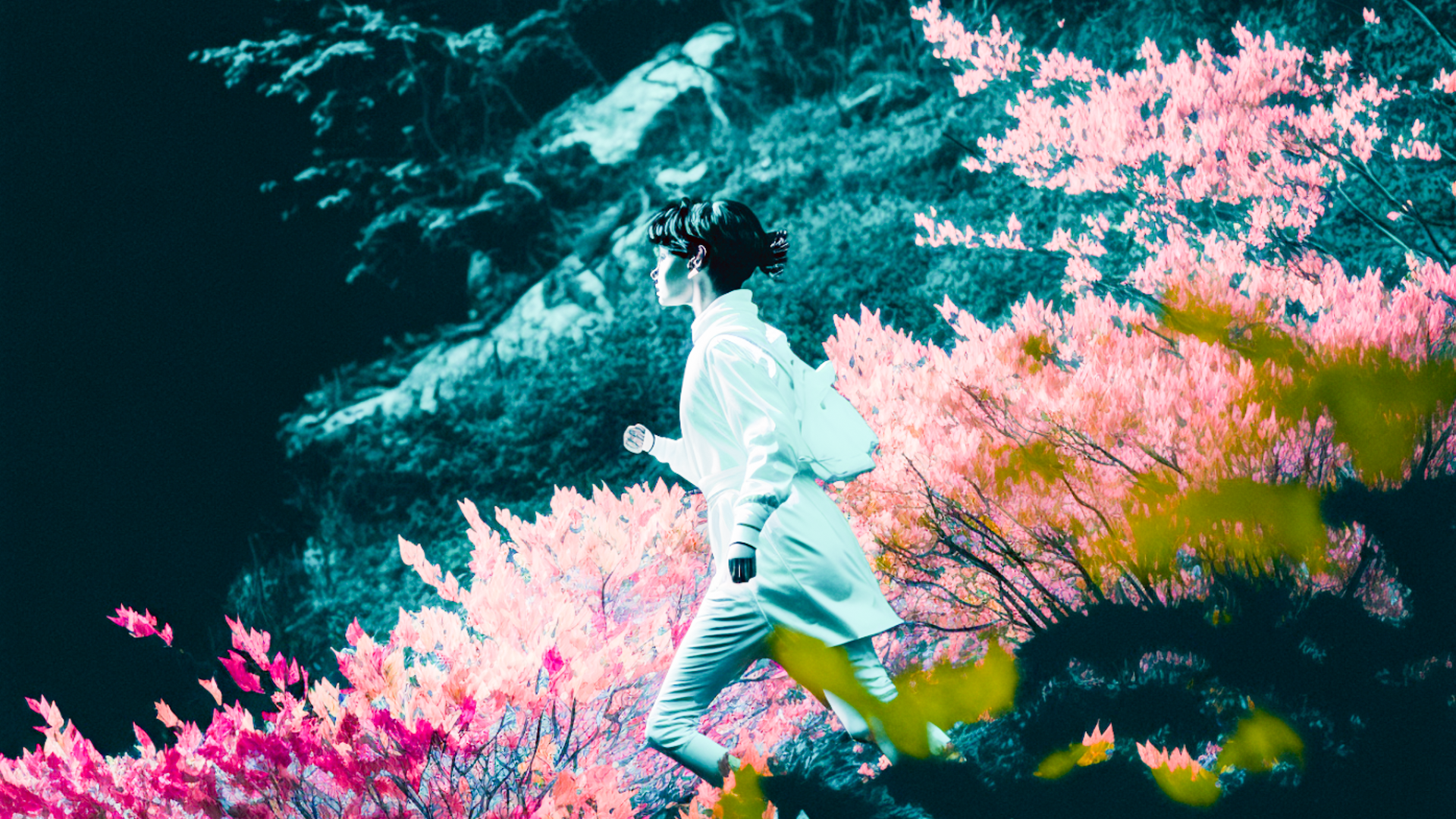 Film scene, one woman, taken by Leica Summilux-M 75mm, female researcher with dark green bob cut in white coat running and staring at the surrounding scenery, pink leaves dancing, pink leaves, pink plants, cyan sky, upper body, impatience, sweat, slanting sun