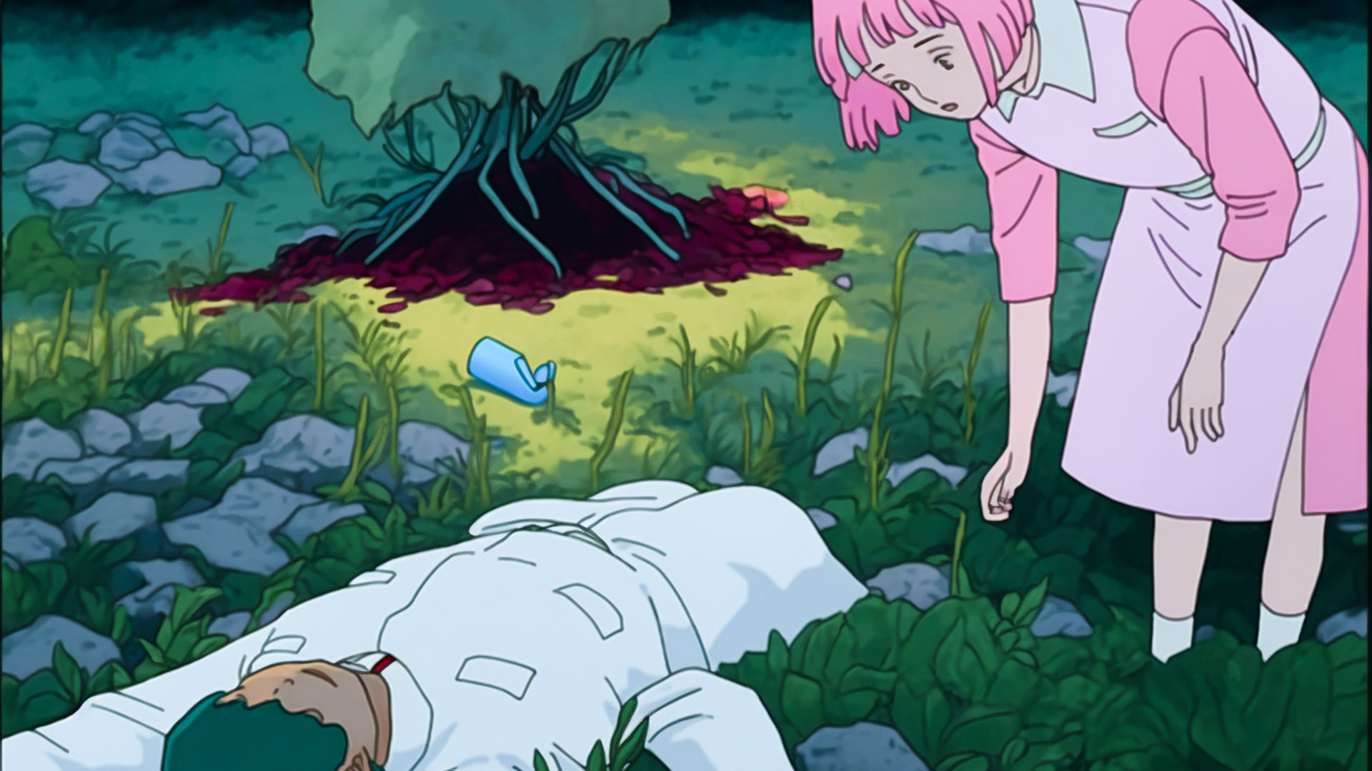 Film scene, two figures, taken by wide angle shot, overhead, female researcher in white lab coat with dark green bob cut lying face down on the ground, 18 year old girl with pink hair in white dress standing stunned, vacant lot, standing human shaped trees, pink leaves, cyan sky, pink clouds, sadness, slanted sun, outdoors