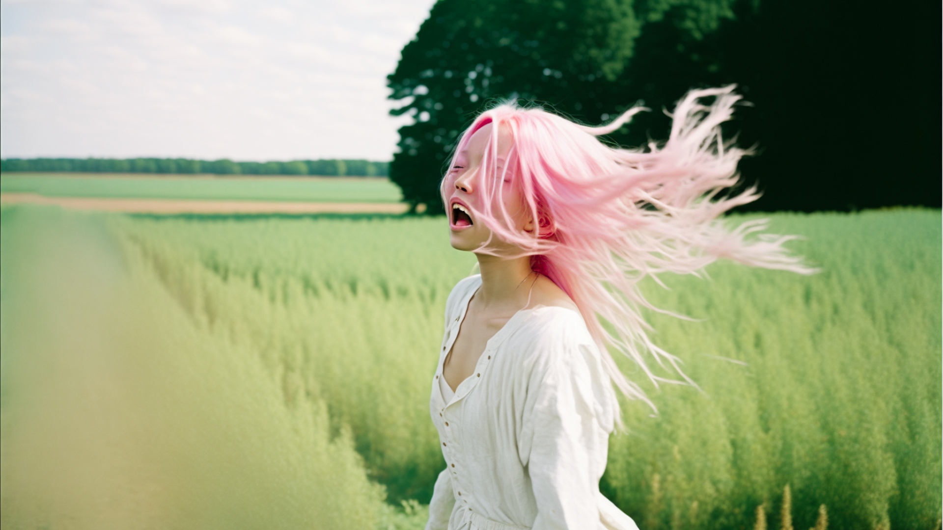 Film scene, taken by Leica Summilux-M 24mm lens, 18 year old girl with long pink hair in white dress who smiles and opens her arms in joy, dark green bob cut researcher woman in white coat chasing from afar, green trees, pink leaf trees, vacant lot, grassland, pink leaves dancing, blue sky, outdoors, bright sky