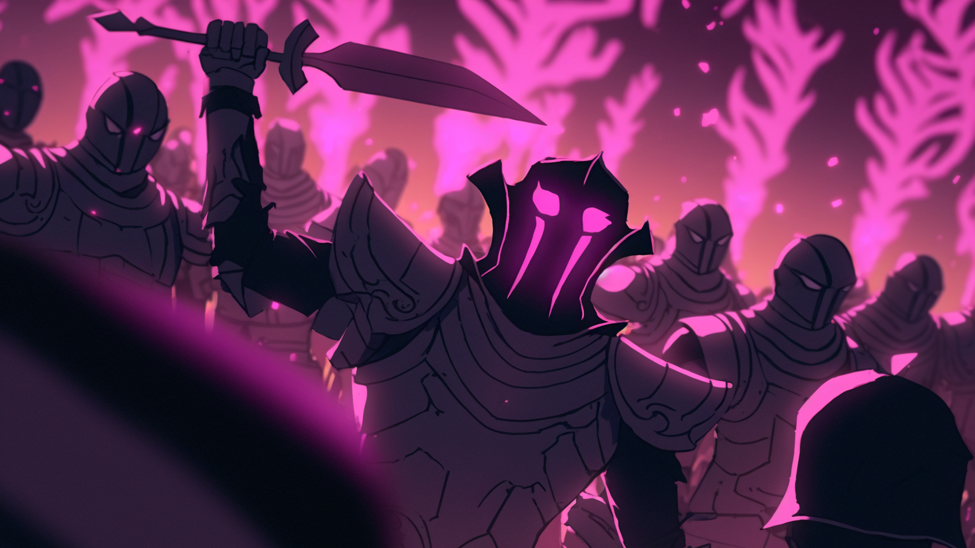 Movie scene, action scene, POV, lots of people with armor and blades coming at you, strong backlighting, silhouette, pink leaves dancing, glowing outline, cinematic lighting, vignette, tension