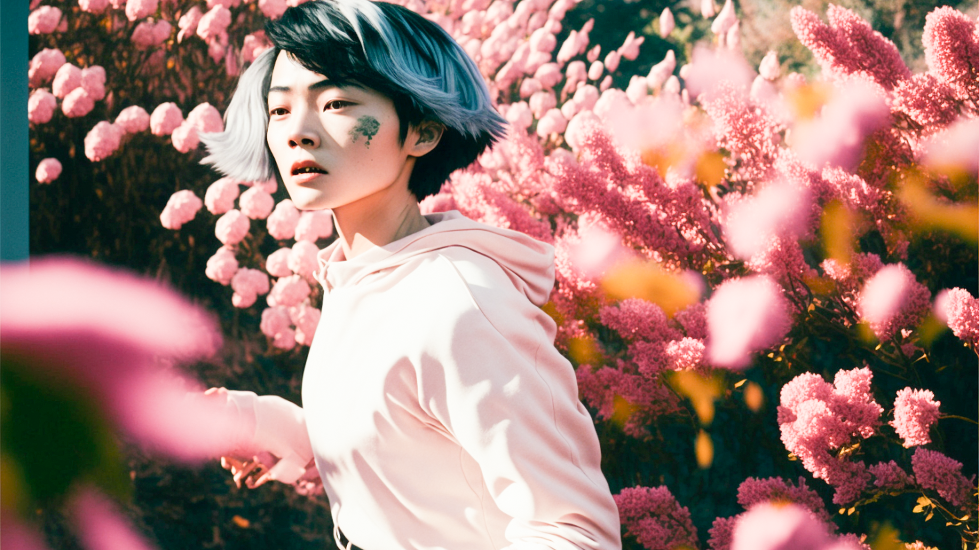 Film scene, one woman, taken by Leica Summilux-M 75mm, female researcher with dark green bob cut in white coat running and staring at the surrounding scenery, pink leaves dancing, pink leaves, pink plants, cyan sky, upper body, impatience, sweat, slanting sun