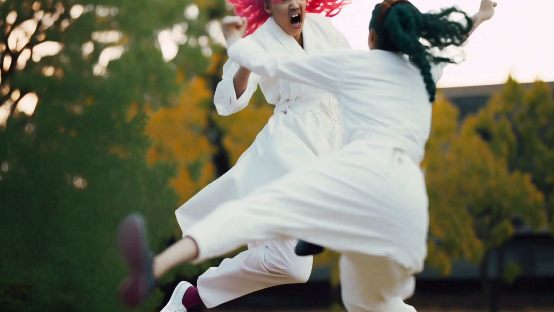 Two people, taken by 24mm lens, POV, close-up, female researcher in lab coat with dark green bob cut tackles, 18 year old girl with long pink hair in white dress staggers and falls, strong frontal flash, body contact, bump, push, dynamic angle Dramatic moment, action scene, jumping out, vacant lot, outdoors, pink leaves dancing, pink plants, dead tree, wind blowing, sink shot, cinematic lighting, tension