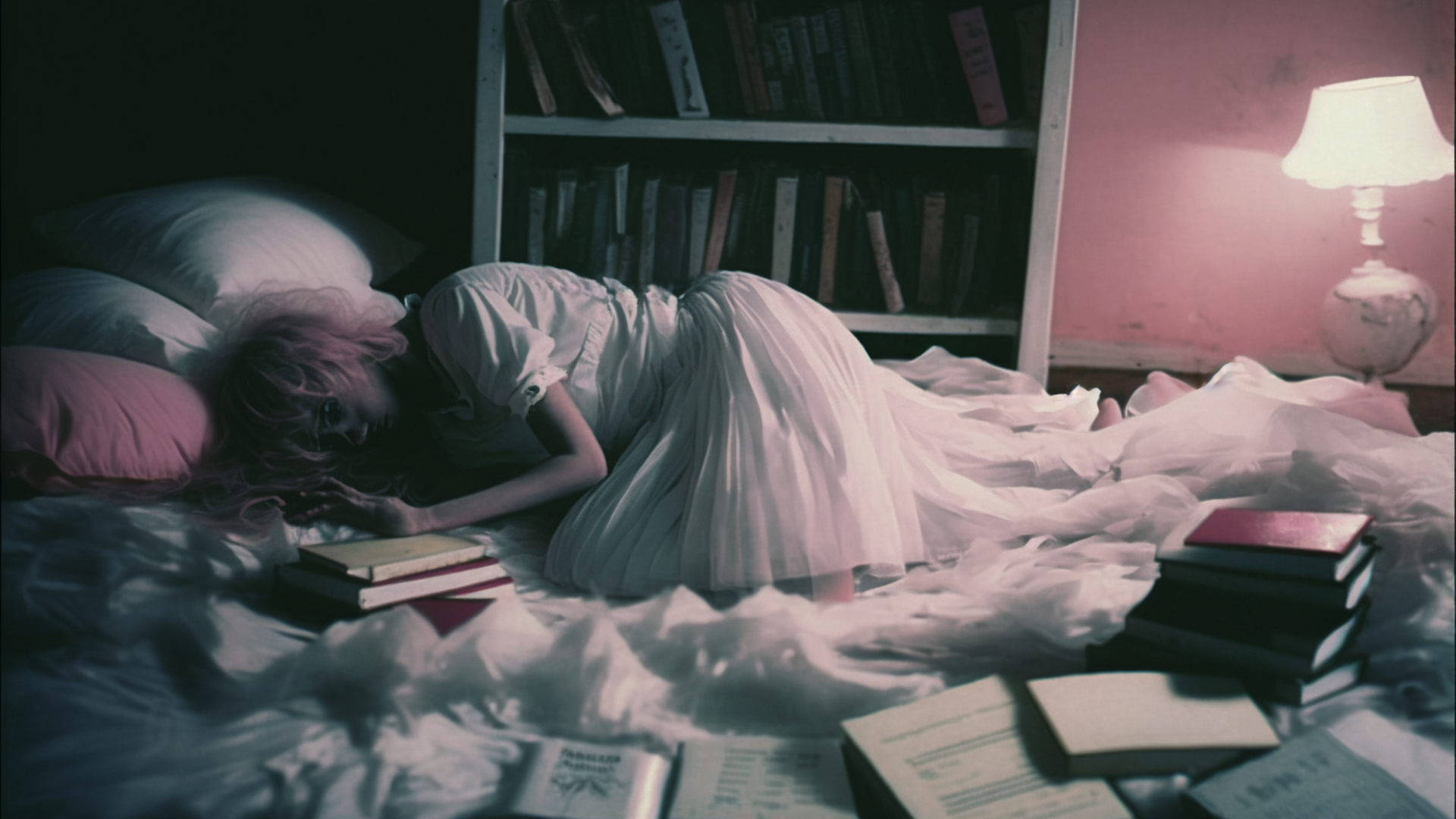 Film scene, one woman, taken by 35mm lens, vintage lens, 18 year old girl with pink hair in a white dress lying on a bed littered with books with an empty expression, bed, white sheets, loneliness, dark room, moonlight coming in, small bedroom, dark bedroom, vignette, sadness, loneliness, solitude, emptiness