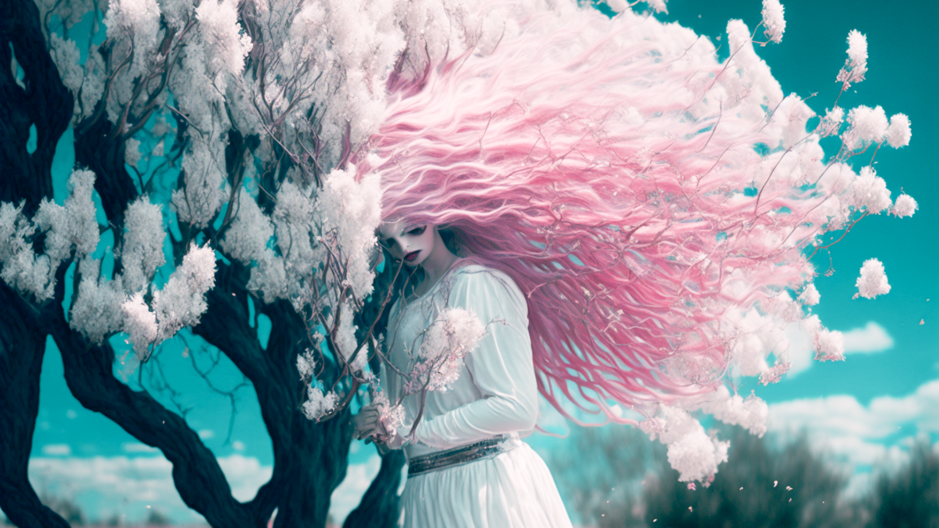 Film scene, one person, 18 year old girl laughing as she hugs a tree as tall as she is, long pink hair, white dress, pink leaves dancing, pink flowers dancing, vacant lot, pink trees, vignette, dark sky, cyan sky, cinematic lighting, dynamic angles
