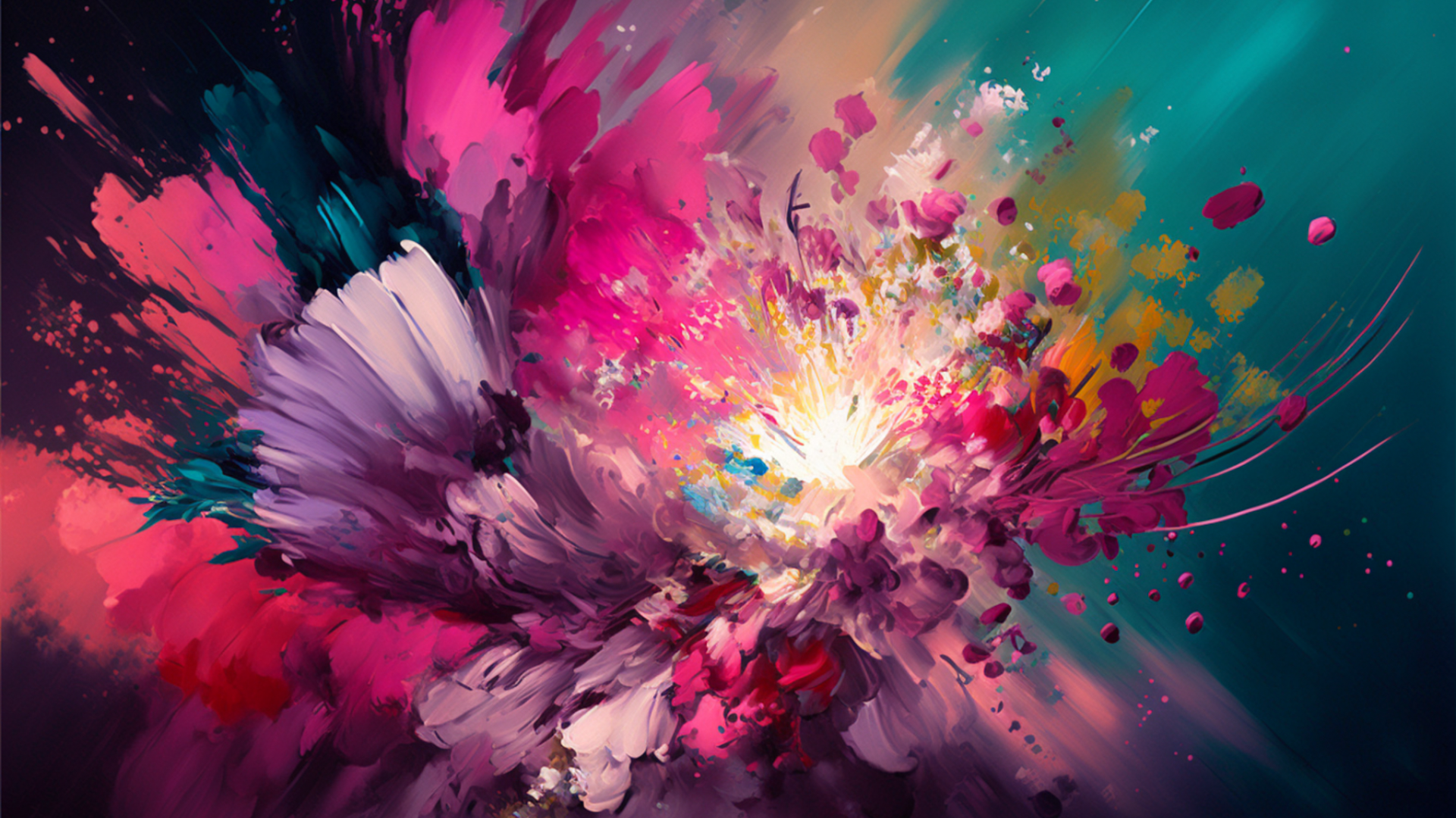 Abstract image, An explosion of pink flowers and other colorful blossoms, Abstract painting, oil painting
