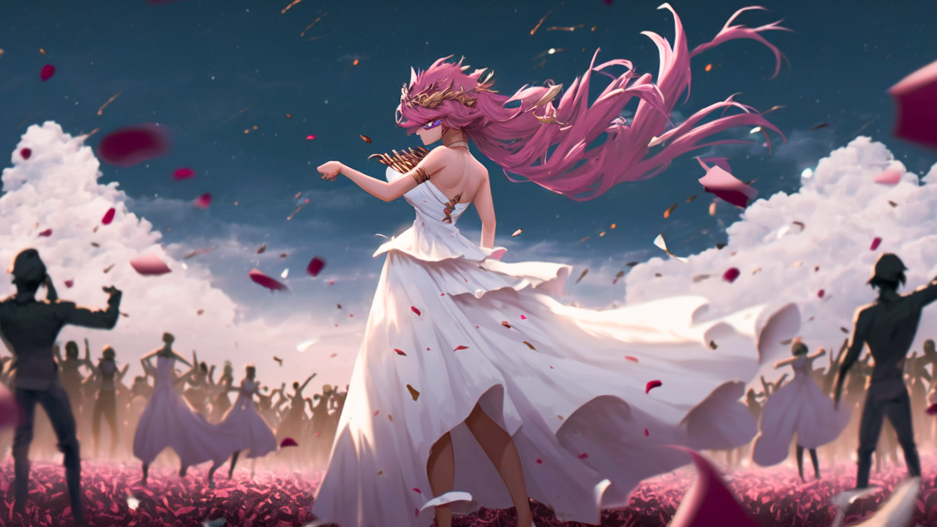 Taken by telephoto lens, back view of 18 year old girl with long pink hair in white dress, many crowds with tree-like bodies, weapons and farm equipment on ground, pink leaves dancing in air, wind blowing, dynamic angles, action scenes, dark sky, cyan sky, pink clouds, vignettes, cinematic lighting