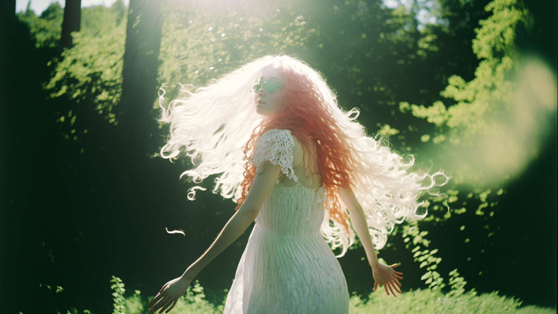 Film scene, one woman, full body, taken by Leica Summilux 21mm, many green plants growing around 18 year old girl with long pink hair in white dress kneeling on ground, green leaves dancing, glowing droplets dancing, shiny green leaves, morning sun, backlight, glowing outline, blue sky, pink clouds, looking up, view from ground, miracle, growth