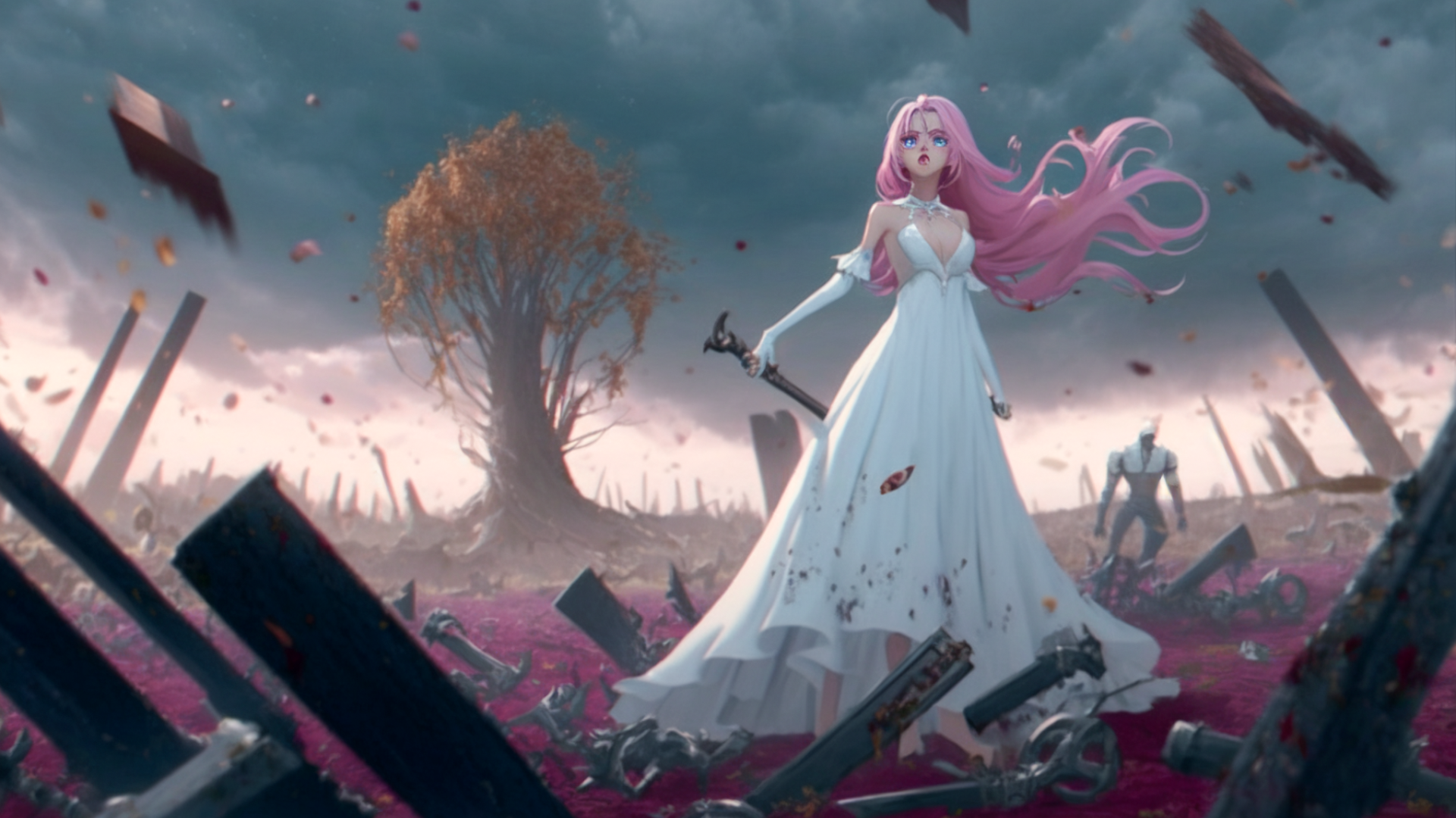 taken by Telephoto lens, one woman, 18 year old girl with long pink hair in white dress standing stunned, dead trees as tall as many people, weapons and farm equipment on ground, pink leaves dancing in air, wind blowing, dynamic angle, dark sky, cyan sky, pink clouds, vignette, cinematic lighting