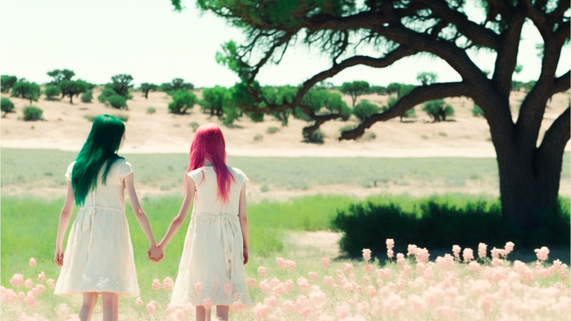 Last scene of the movie, long shot, full body, taken by telephoto lens, 10 year old girl with dark green bob cut hair and 20 year old woman with long pink hair walking hand in hand, white dress, holding each other's hands, looking over, gentle breeze, smiling, looking at each other, tree with pink flowers, grassland, bright sky, bright clouds, shining earth, happiness, friendship, tranquility