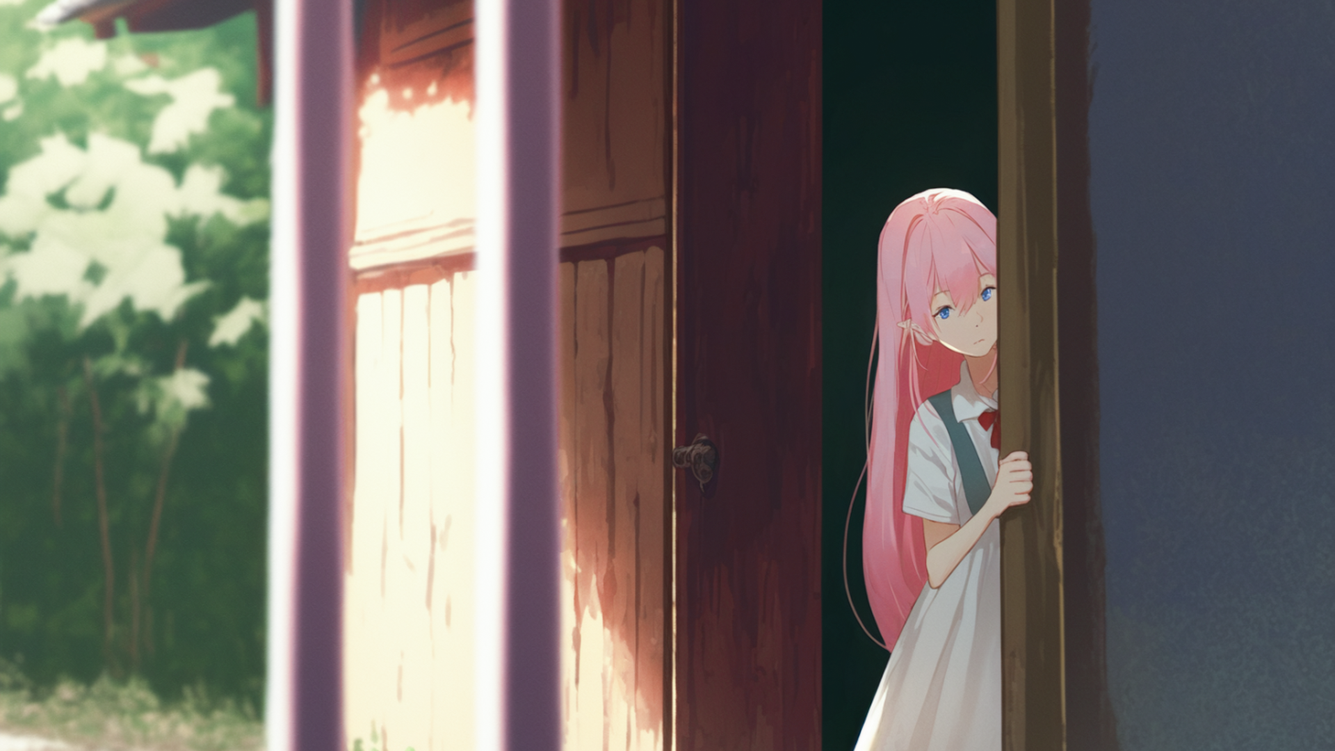 Film scene, one woman, close-up, Leica Summicron-M 90mm, 15 year old girl with long pink hair in white dress gently opening door to see outdoors, small house, wooden door, hope, excitement, nature, daylight