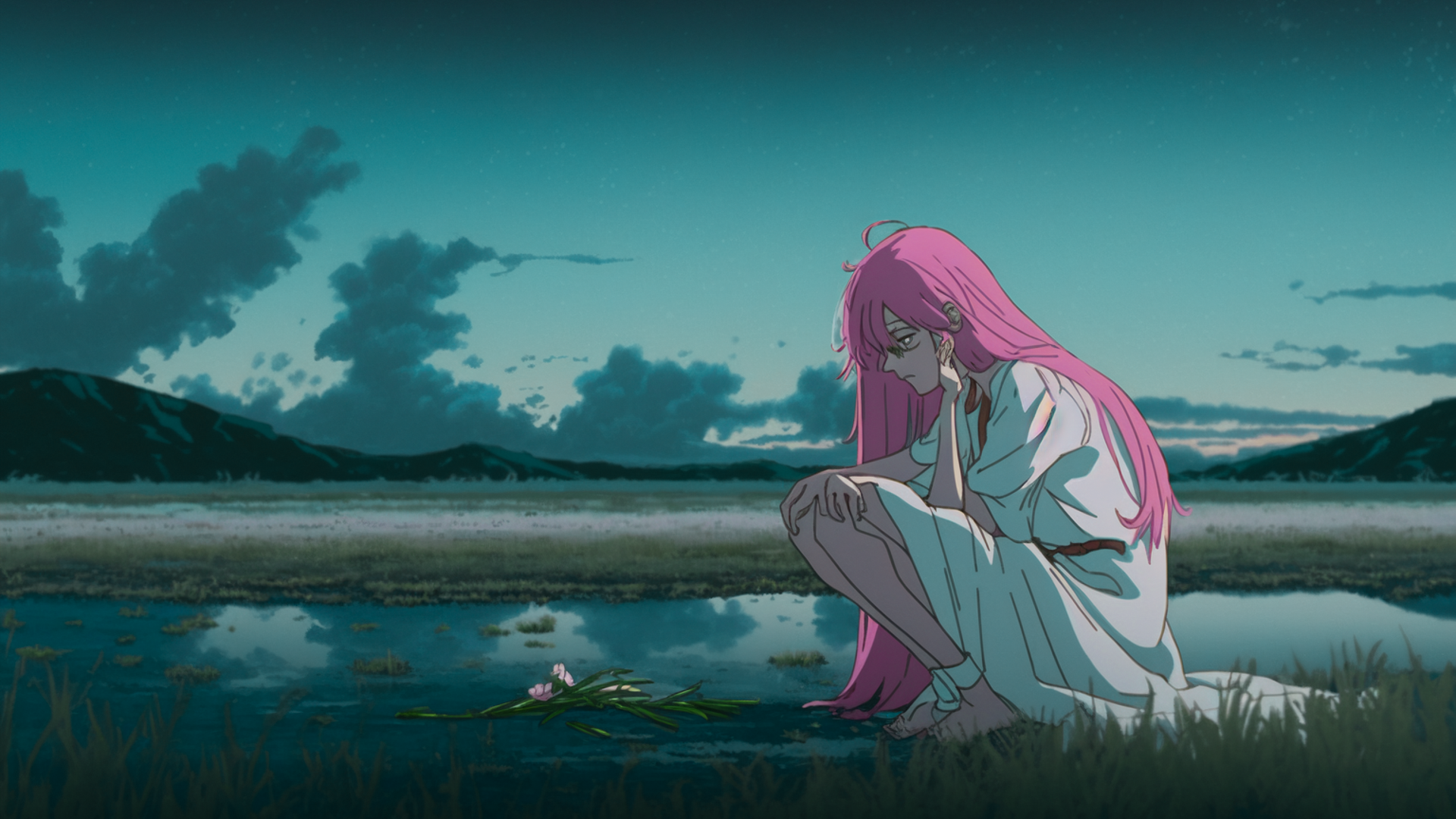 Film scene, one woman, long shot, full body, 18 year old girl with long pink hair in white dress sitting on the ground covering her face and crying, one green plant, small green flower, puddle at her feet, pink wilderness, cyan sky, pink clouds, dark sky, shaded sun, cinematic lighting, sadness, solitude, silence