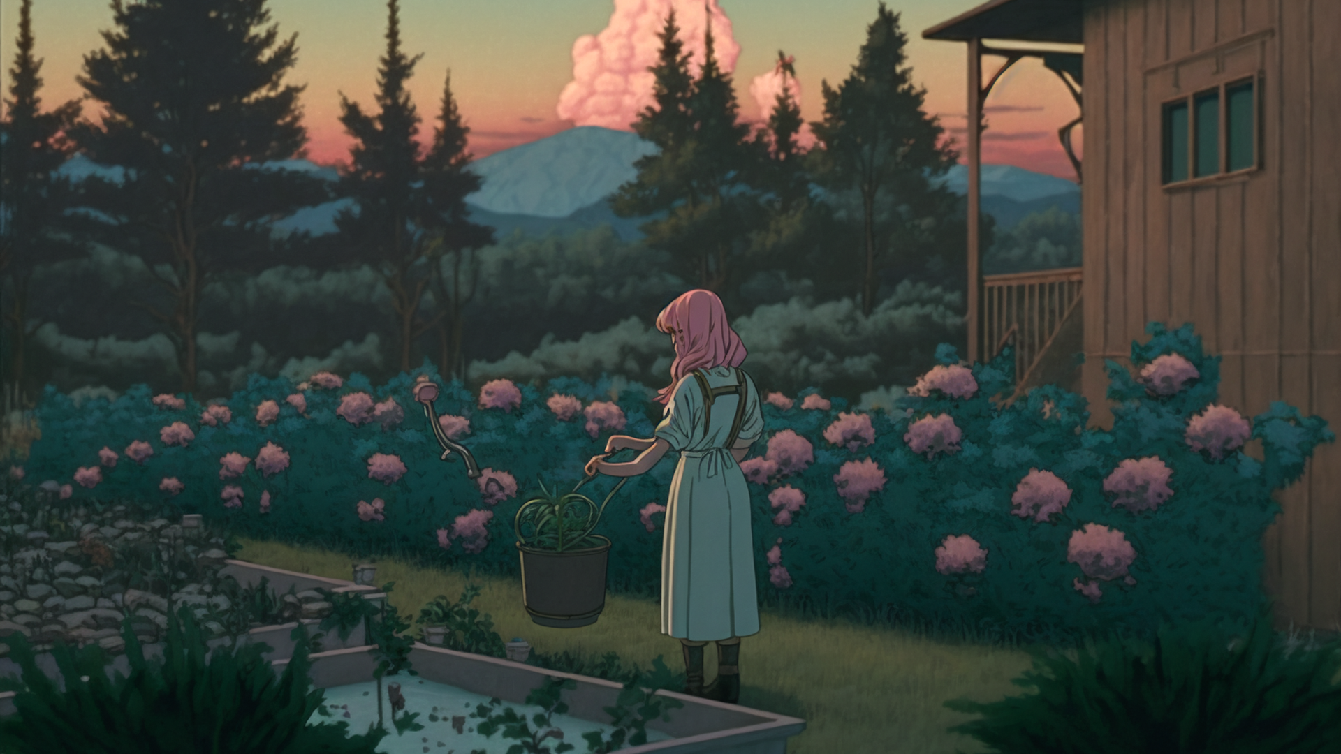 Film scene, one woman, long shot, 18 year old girl with pink hair in white dress watering small plants in garden with watering can, lonely back view, small house in wilderness, solitude, dim sky, skinny trees, pink leaves, pink clouds, cyan sky, dusk, slanted sun, vignette, cinematic lighting, sadness, solitude, loneliness, tranquility