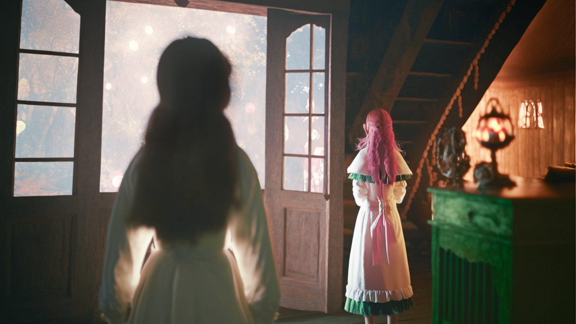 Film scene, two women, taken by ultra wide-angle lens, back view of 15-year-old girl with long pink hair in white dress staring out window, green bob-cut researcher woman in lab coat watching girl from a distance, indoors, wooden house, small house, warm light, fairy tale, gentle light, window reflection, cinematic lighting