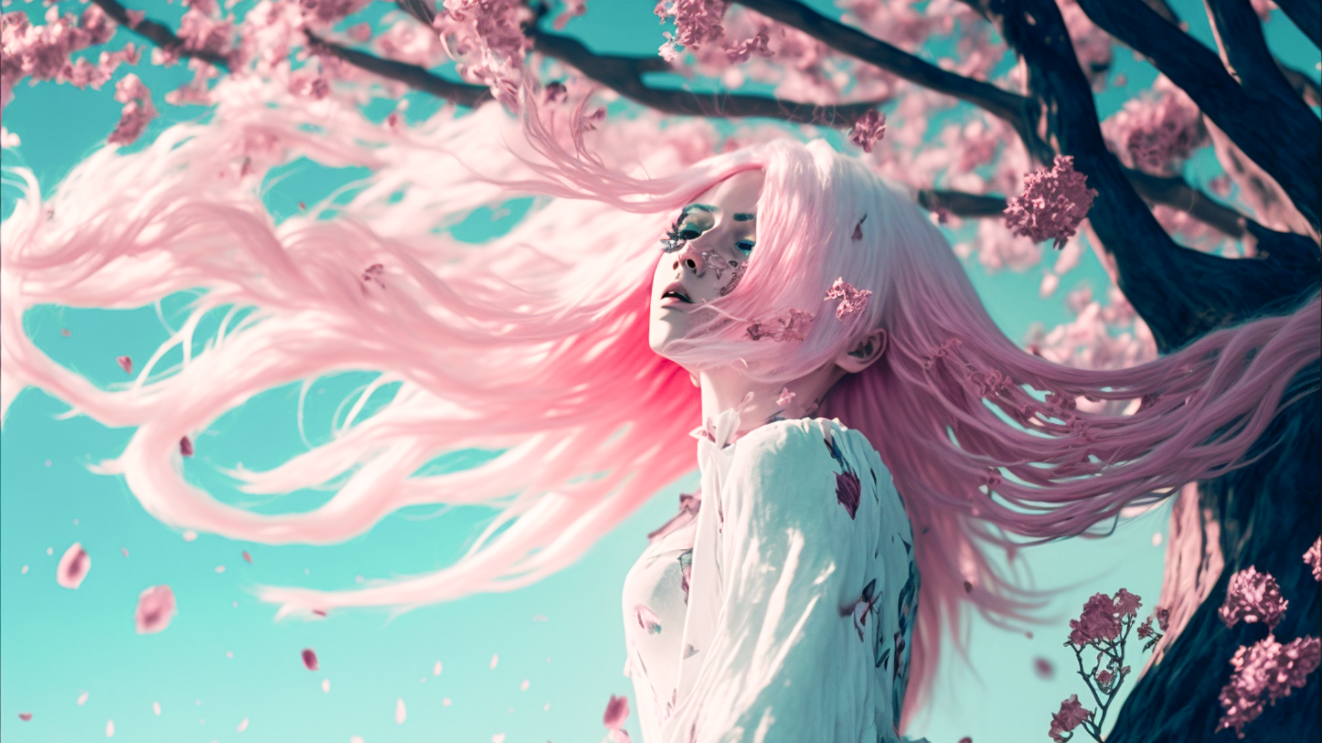 Film scene, one person, 18 year old girl with long pink hair in white dress hugging a tree as tall as she is and laughing, pink leaves dancing, pink flowers dancing, vacant lot, pink trees, vignette, dark sky, cyan sky, cinematic lighting, dynamic angles