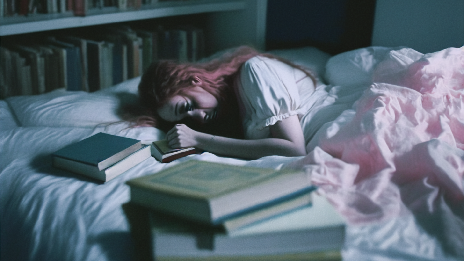 Film scene, one woman, taken by 35mm lens, vintage lens, 18 year old girl with pink hair in a white dress lying on a bed littered with books with an empty expression, bed, white sheets, loneliness, dark room, moonlight coming in, small bedroom, dark bedroom, vignette, sadness, loneliness, solitude, emptiness