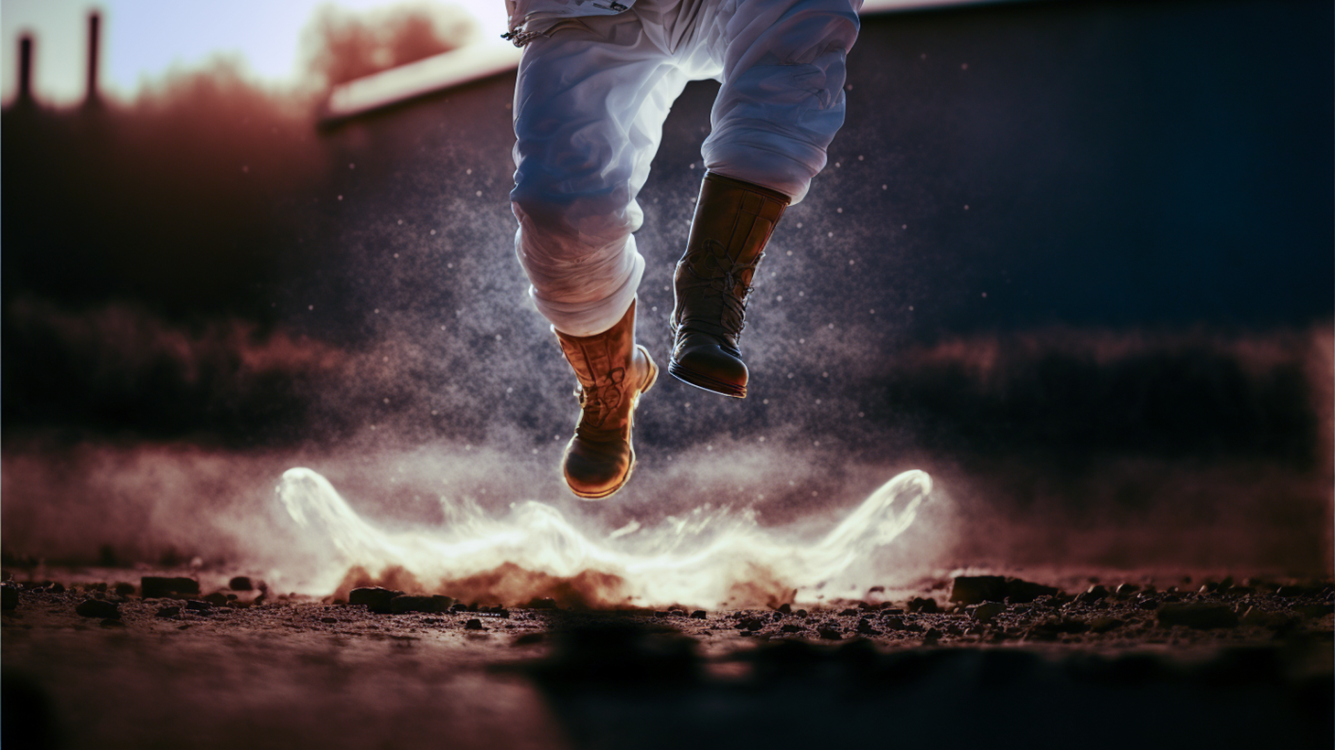taken by telephoto lens, close-up of female researcher in lab coat jumping and kicking ground, close-up of feet, outdoors, vacant lot, action scene, cinematic lighting, backlighting, sink shot, speed, urgency, sense of speed