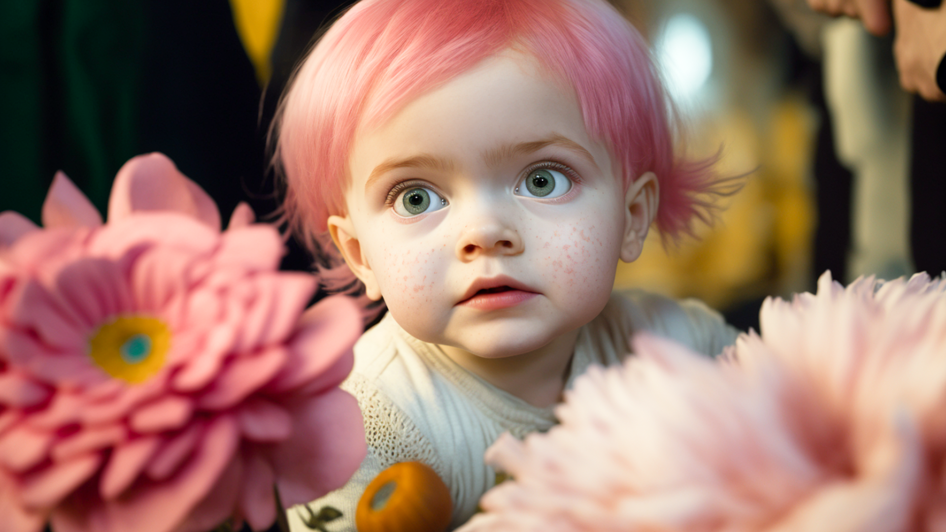 Film scene, taken by 50mm, close up, close up of a one year old baby with pink hair sitting on a full spread pink flower looking at the camera, indoors, warm light, miracle, hope, mystical