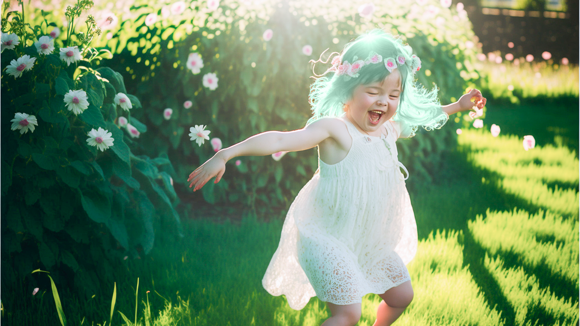 Film scene, telephoto lens, full body, taken by Leica Summilux-M 90mm 3 year old girl in white dress with green hair waddling up to me on grass with many pink flowers, smiling face, warm light, lens flare, glowing outline, shining plants, water drops, dancing green leaves, beautiful detailed eyes, happiness, tenderness gentleness.