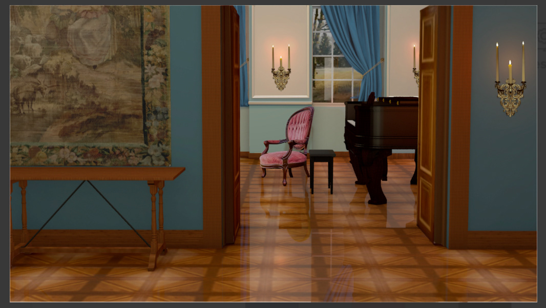 3D render of mid 1700s Austrian apartment set designed for the pilot of The Adventure of Music