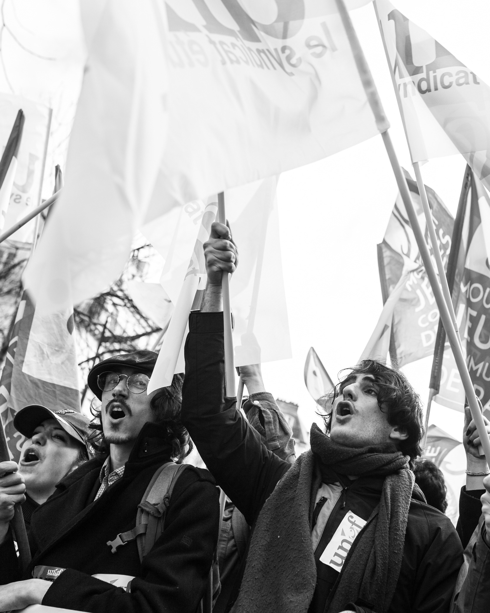 31.01.2023 Paris - Students chant slogans, and hold flags during the demonstration in Paris. A French pension reform strike took place for the second time this month where hundreds of thousands took the streets in Paris to pressure President Emmanuel Macron to drop the pension reform plan.