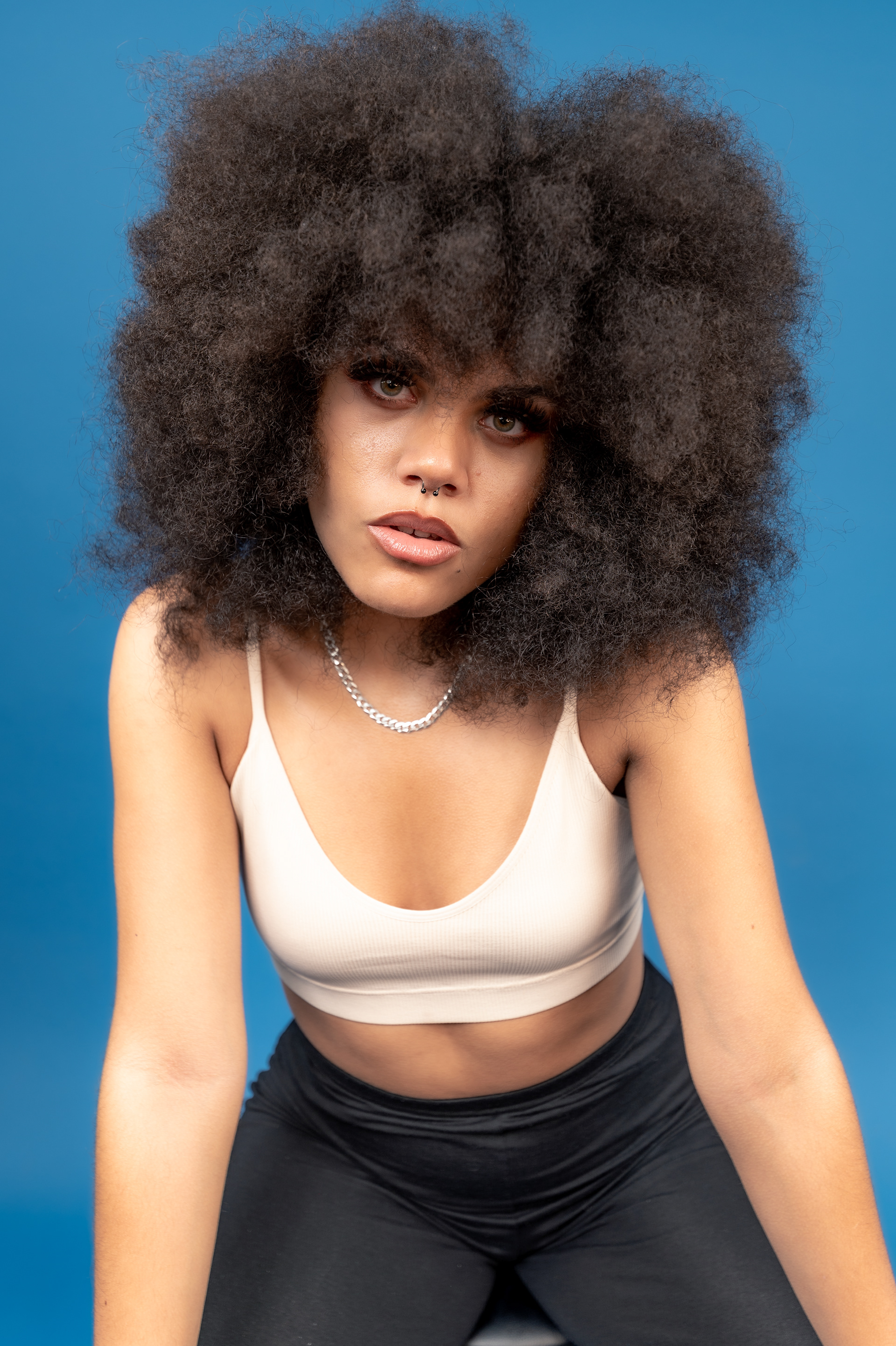 Model Photoshoot, Girl studio blue background, curly ebony photo session, afro hairstyle, Manchester 