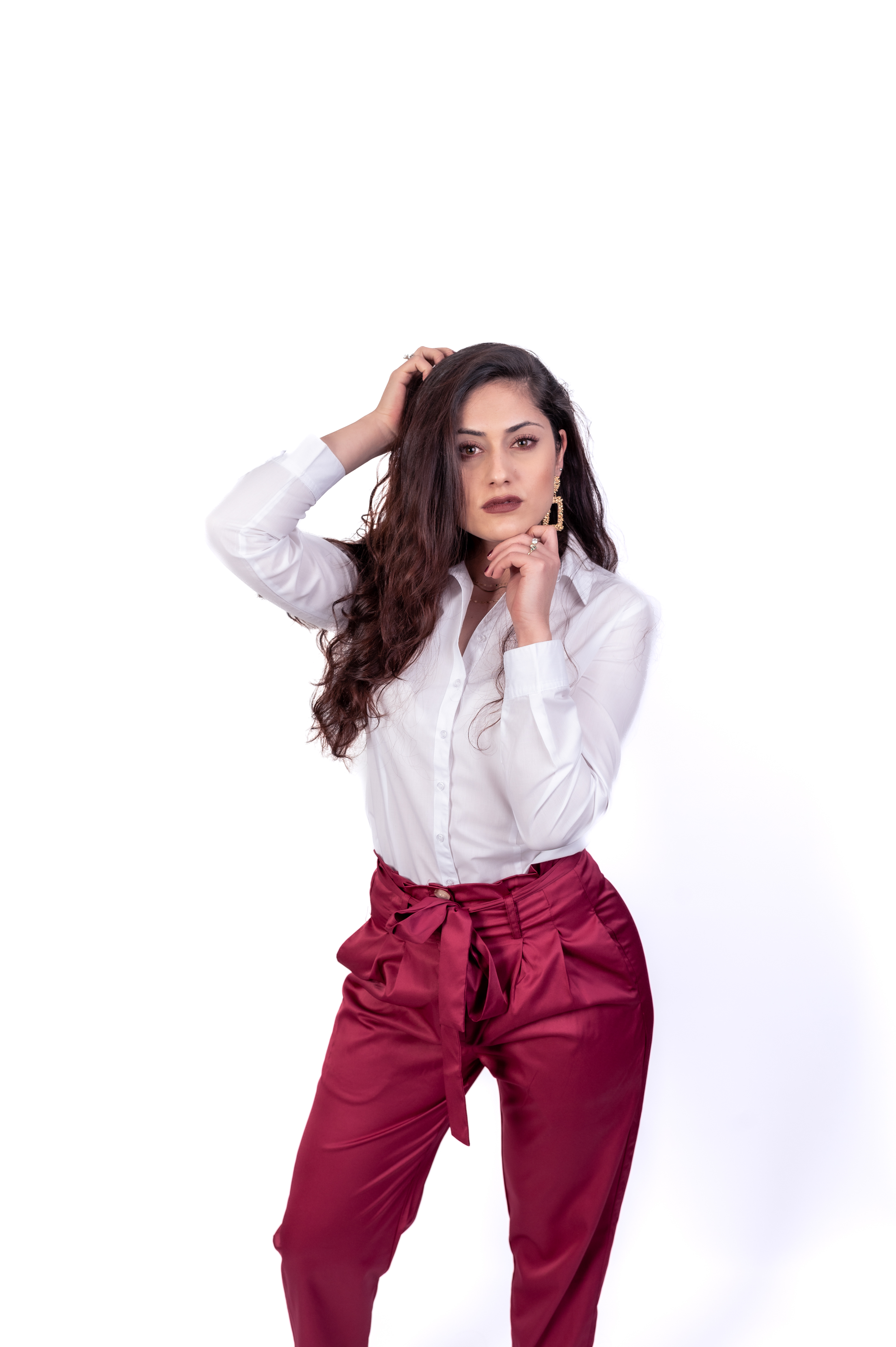 Business woman photo shoot in Bolton, Manchester, studio with white background, red suit and white shirt