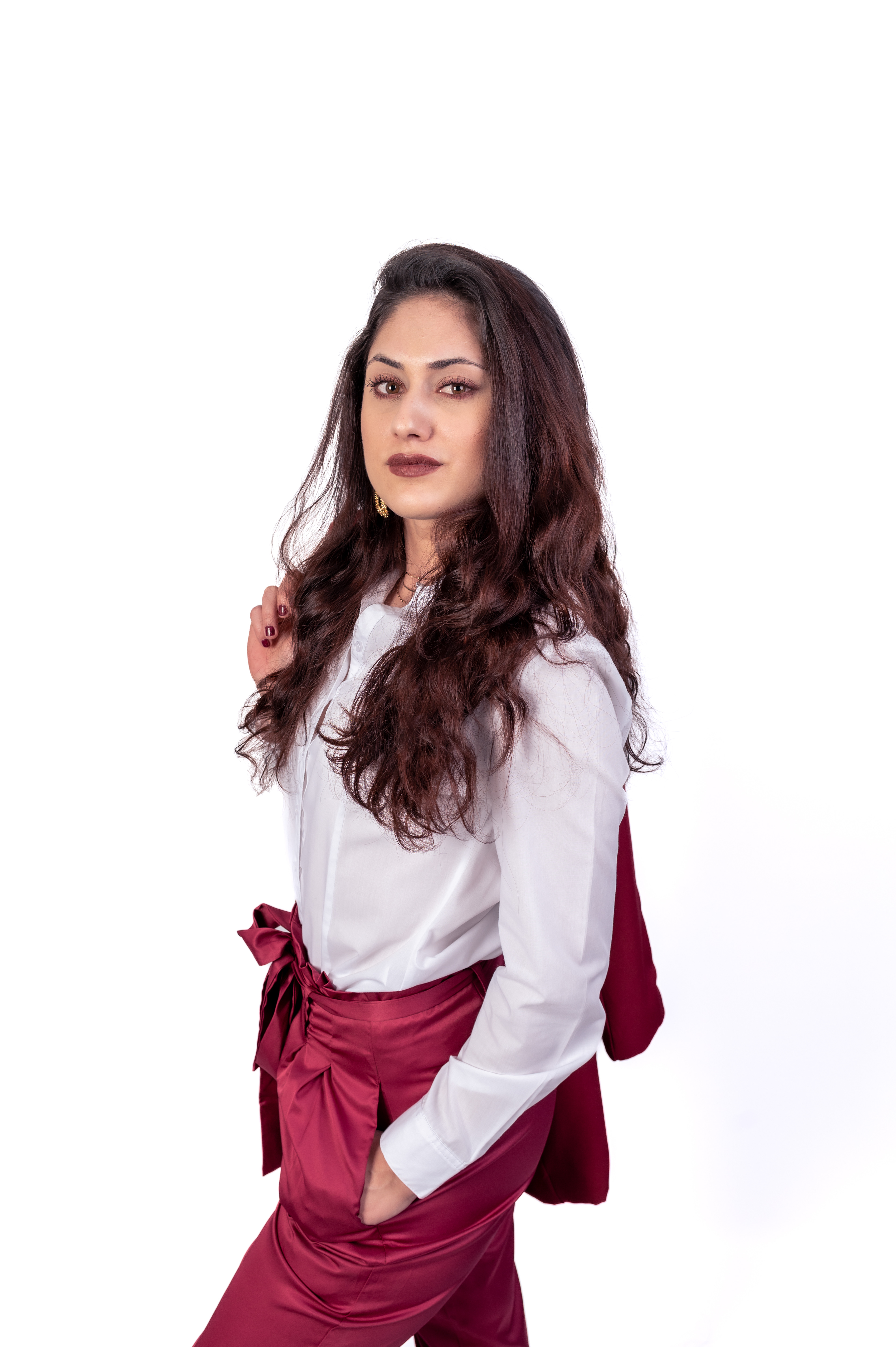 Business woman photo shoot in Bolton, Manchester, studio with white background, red suit and white shirt