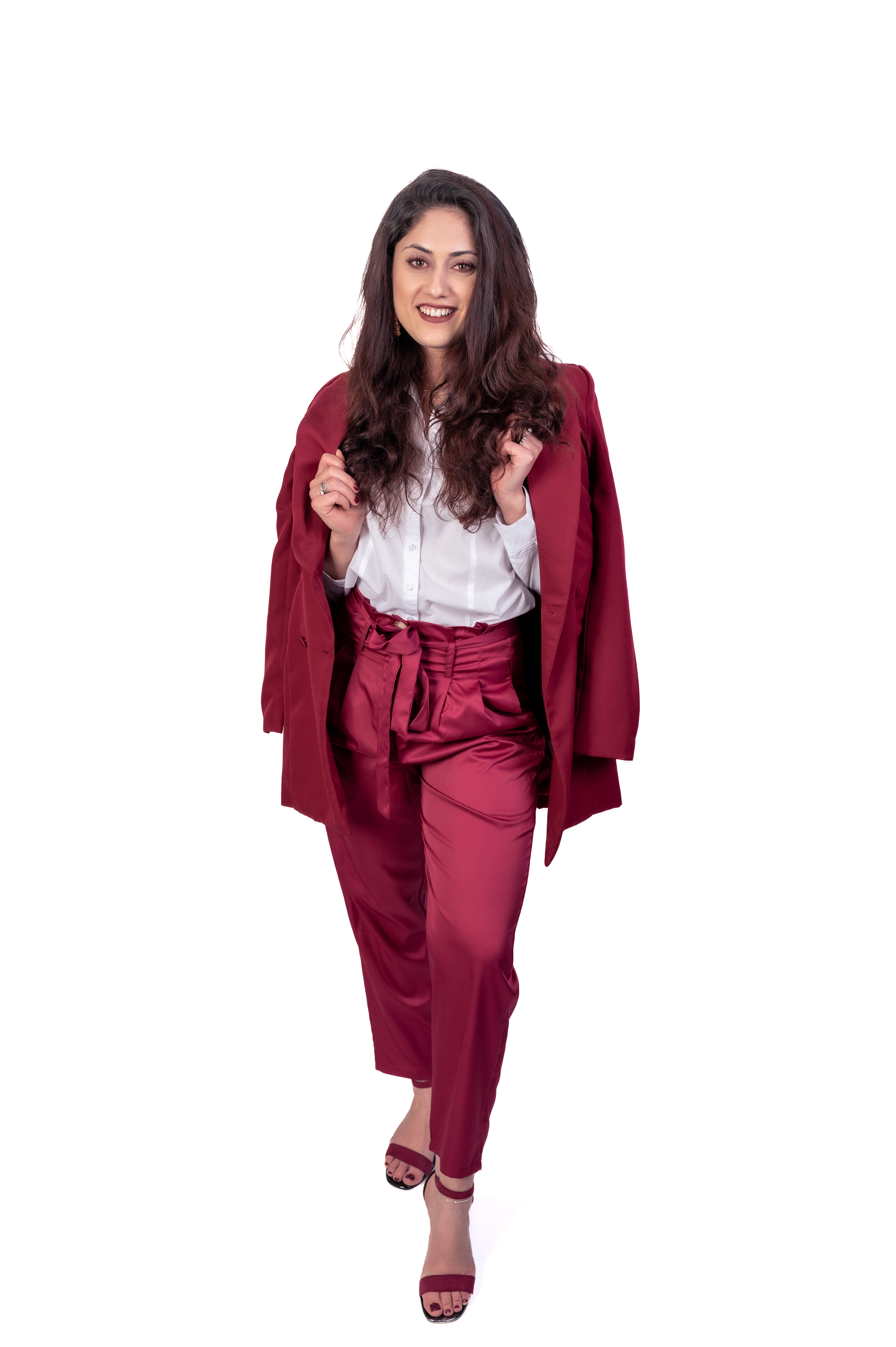 Business woman photo shoot in Bolton, Manchester, studio with white background, red suit and white shirt