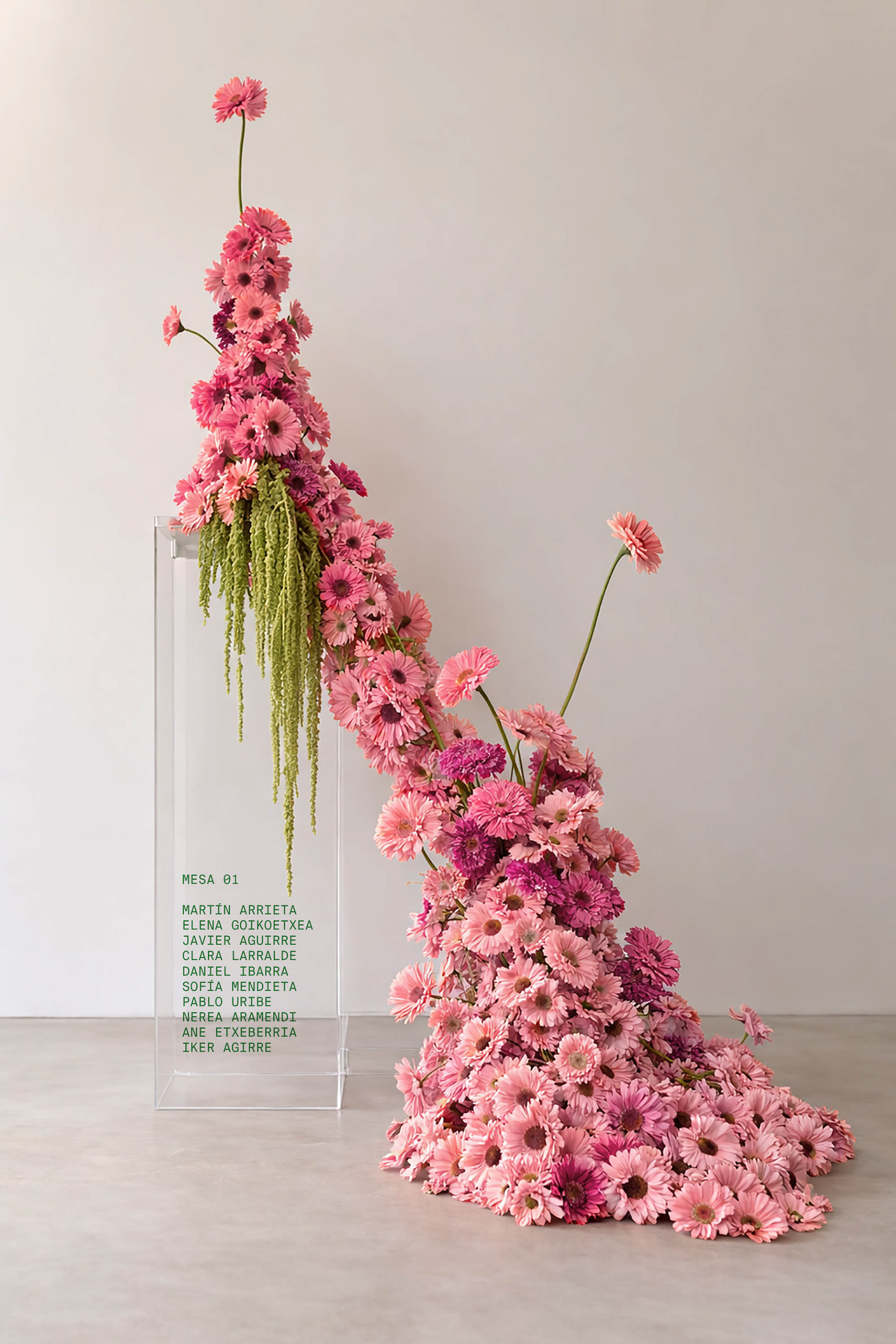 Contemporary, minimal and artistic floral installation for seating chart , wedding stationery